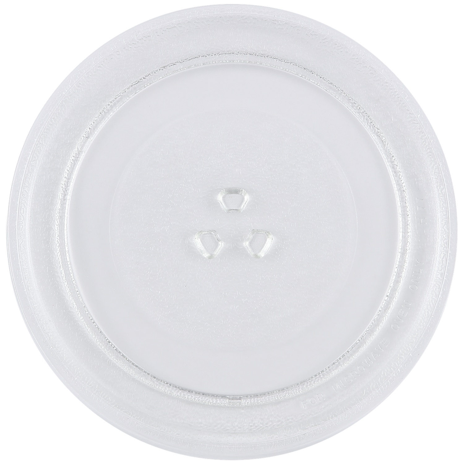 A round, clear glass microwave turntable with three indentations.
