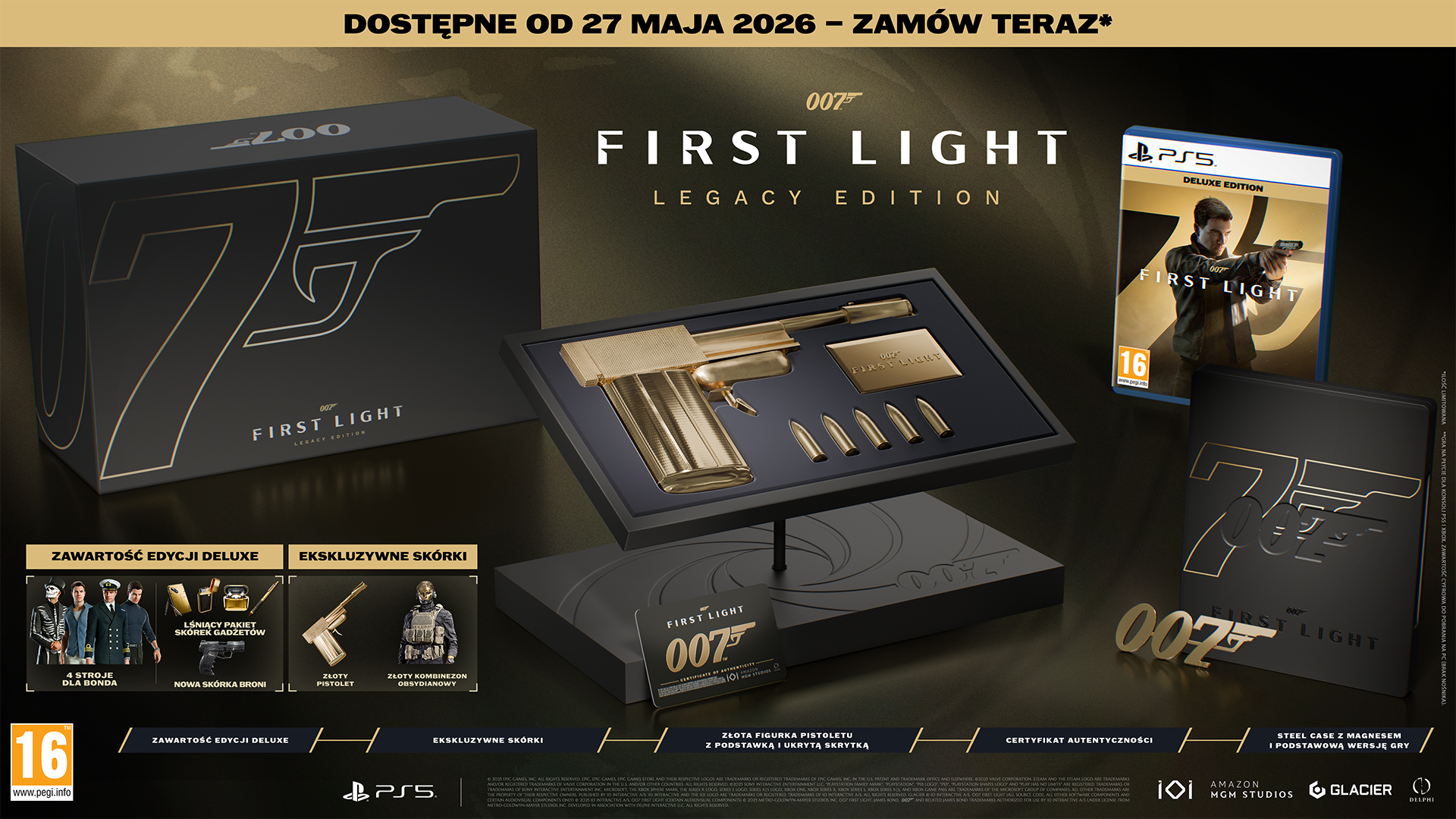 Gra PS5 James Bond 007 First Light Legacy Edition, złoty pistolet, kule, pudełko.