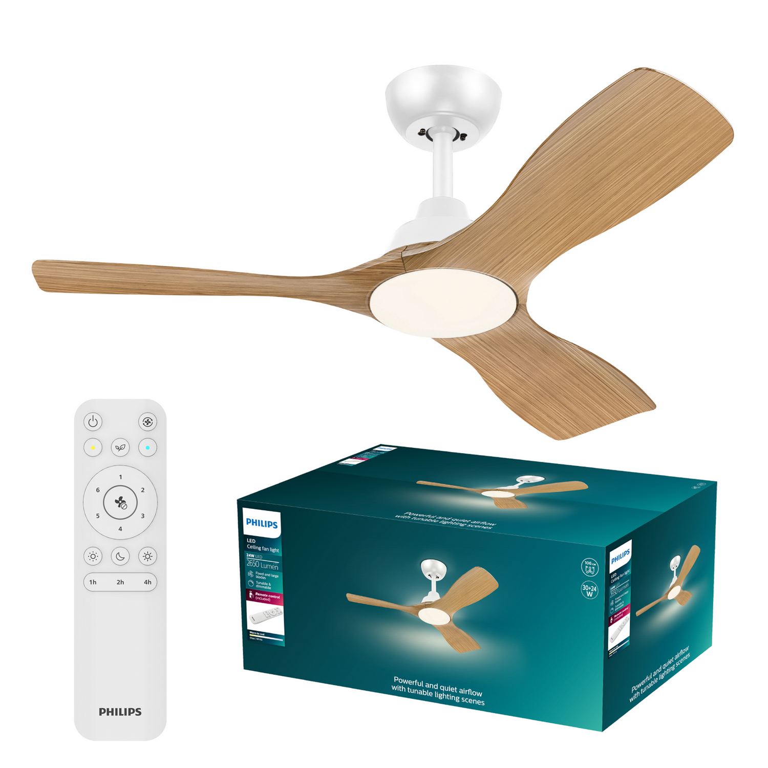 Un ventilador de techo blanco con aspas de madera, mando y caja. Aislado.