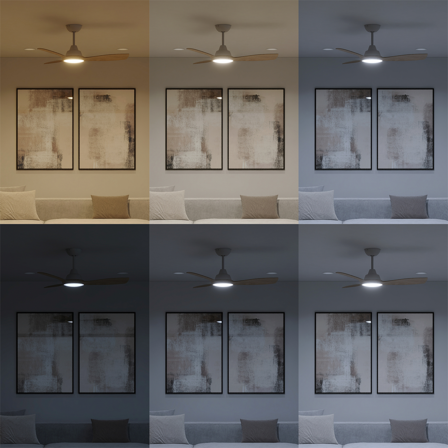 Seis escenas de una sala con ventilador de techo y cuadros, diferentes condiciones de luz.