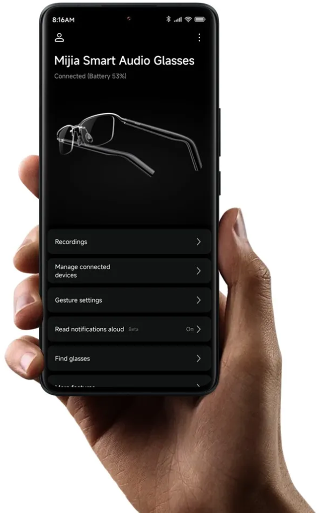 A telefon képernyőjén a Mijia Smart Audio Glasses alkalmazás látható. Kép a szemüvegről, menü.