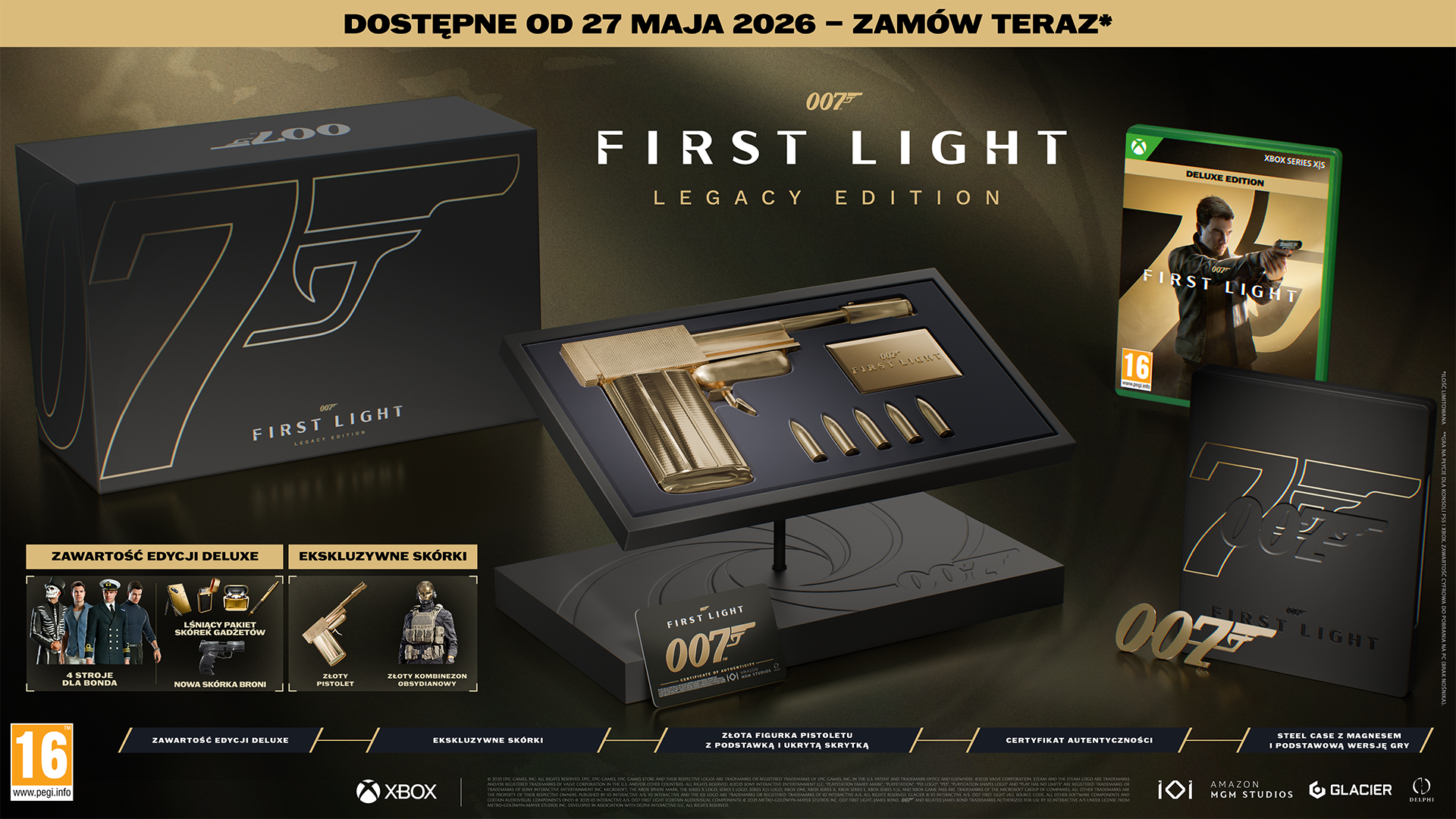 James Bond 007: First Light Legacy Edition ze złotym rekwizytem pistoletu i opakowaniem gry.