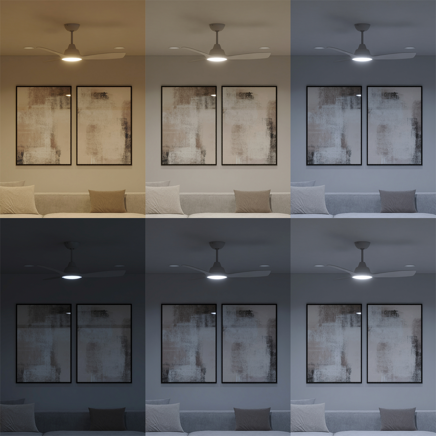 Una habitación con ventilador de techo y dos cuadros abstractos con diferentes iluminaciones.