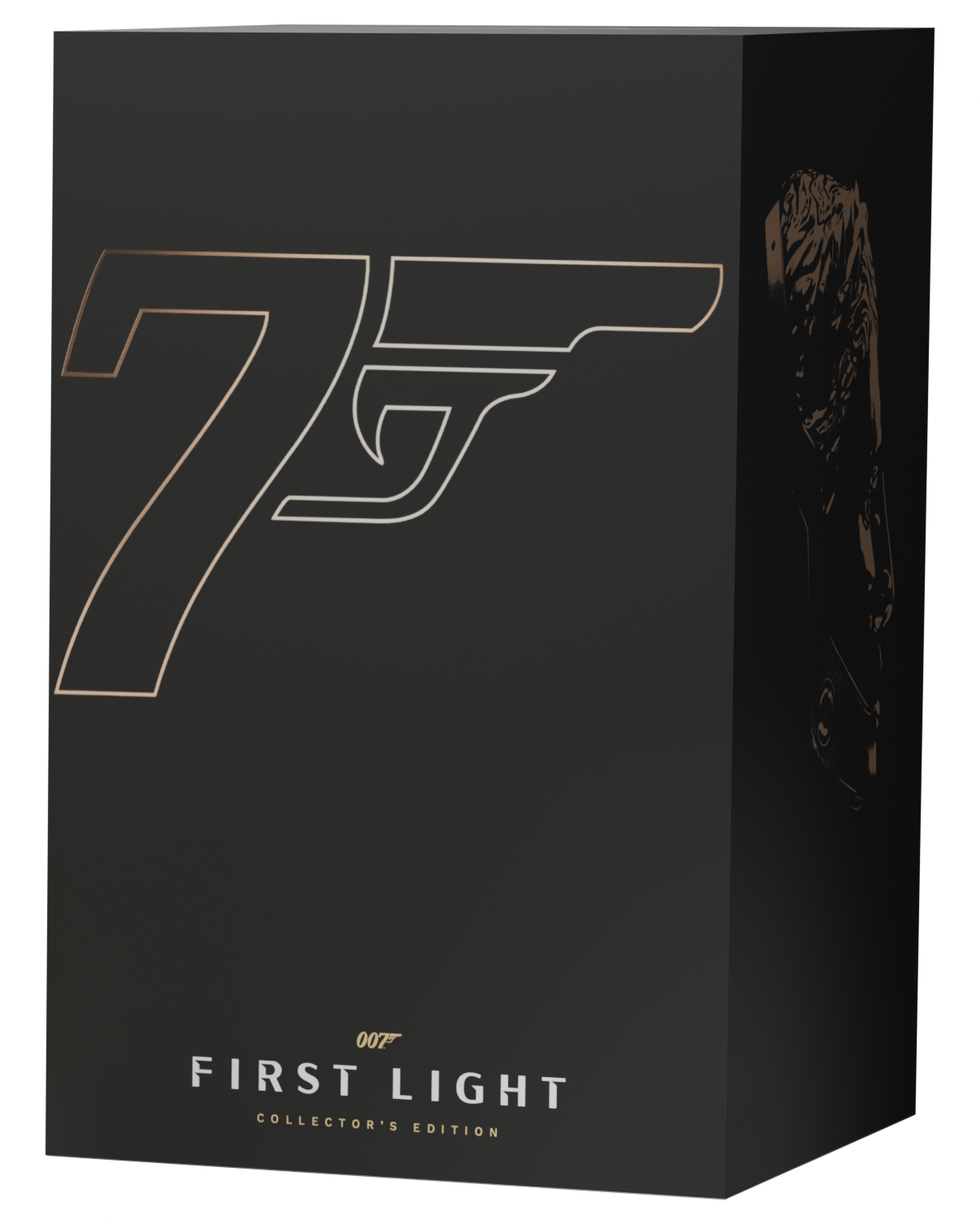 Czarne pudełko z logo '75' i pistoletem. Tekst: '007 FIRST LIGHT COLLECTOR'S EDITION'.