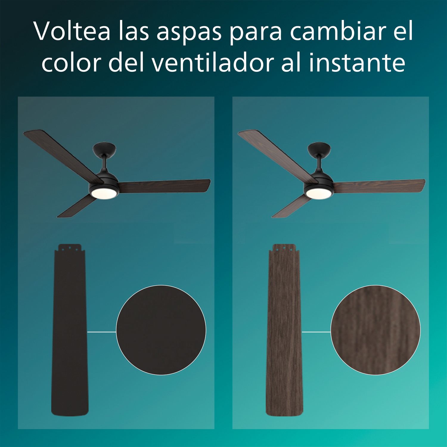 Ventilador de techo con aspas de madera oscuras y claras intercambiables.