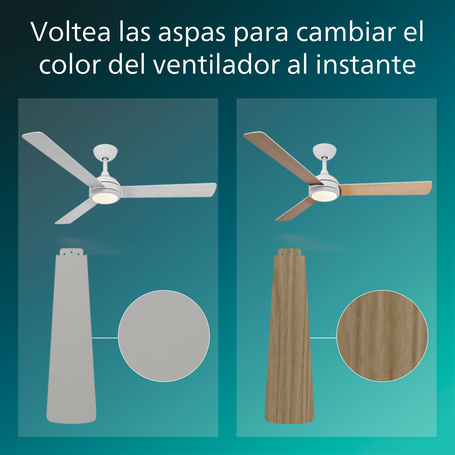 Ventilador de techo con aspas blancas y de madera, muestra cambio.