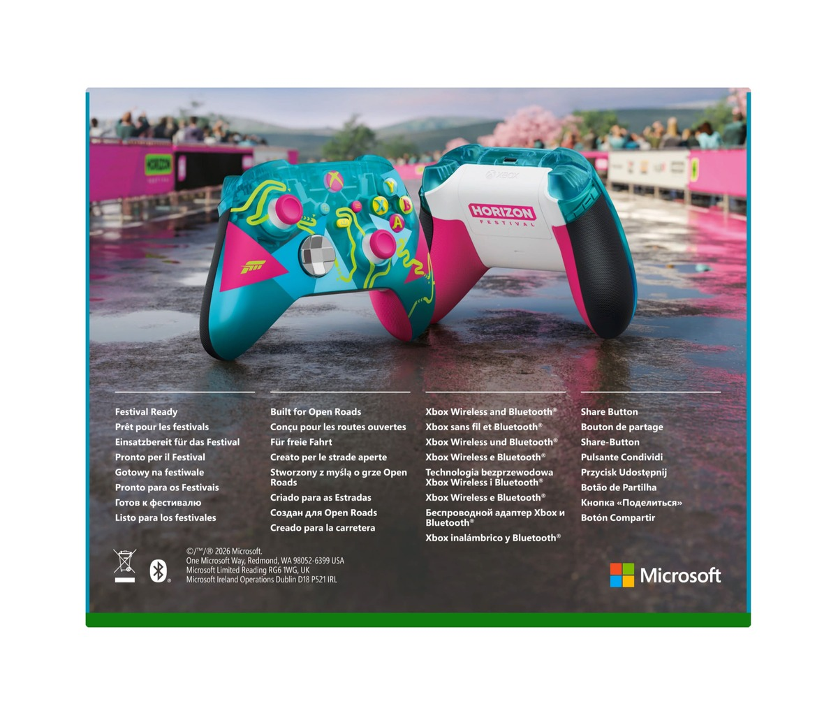 Un mando de Xbox con diseño "Horizon Festival" está en primer plano.