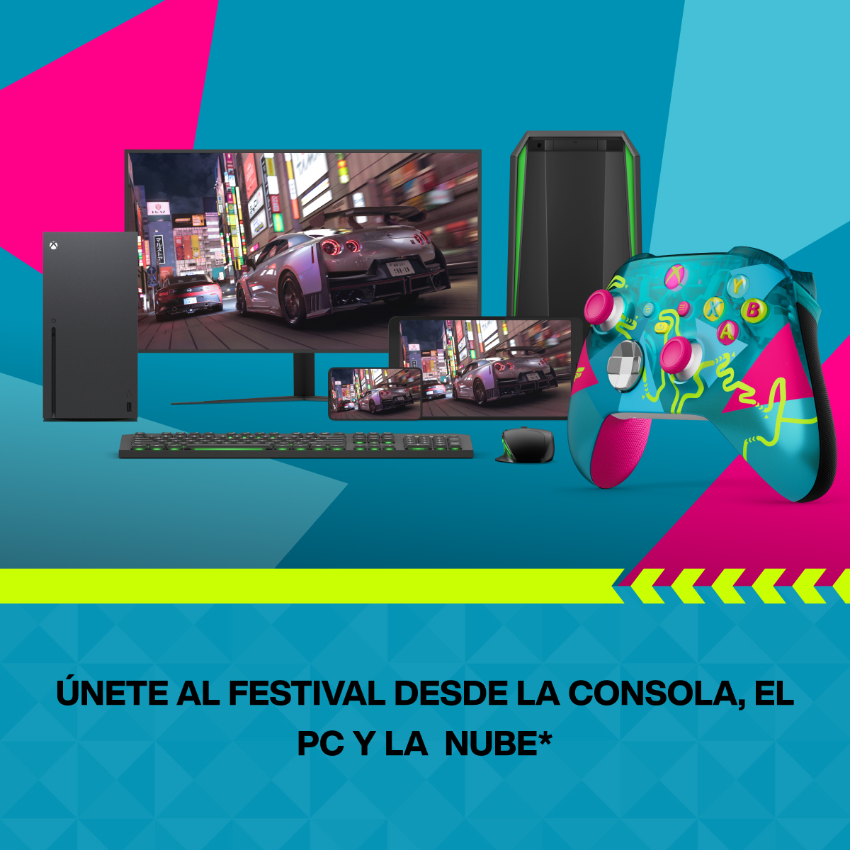 Un colorido mando de Xbox, consola, teclado, ratón y monitores con un juego de carreras.