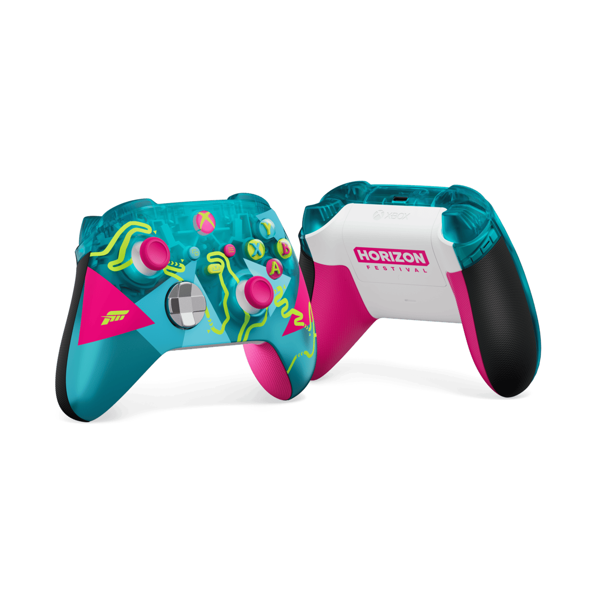 Dos mandos de Xbox con carcasa transparente turquesa y detalles rosas.