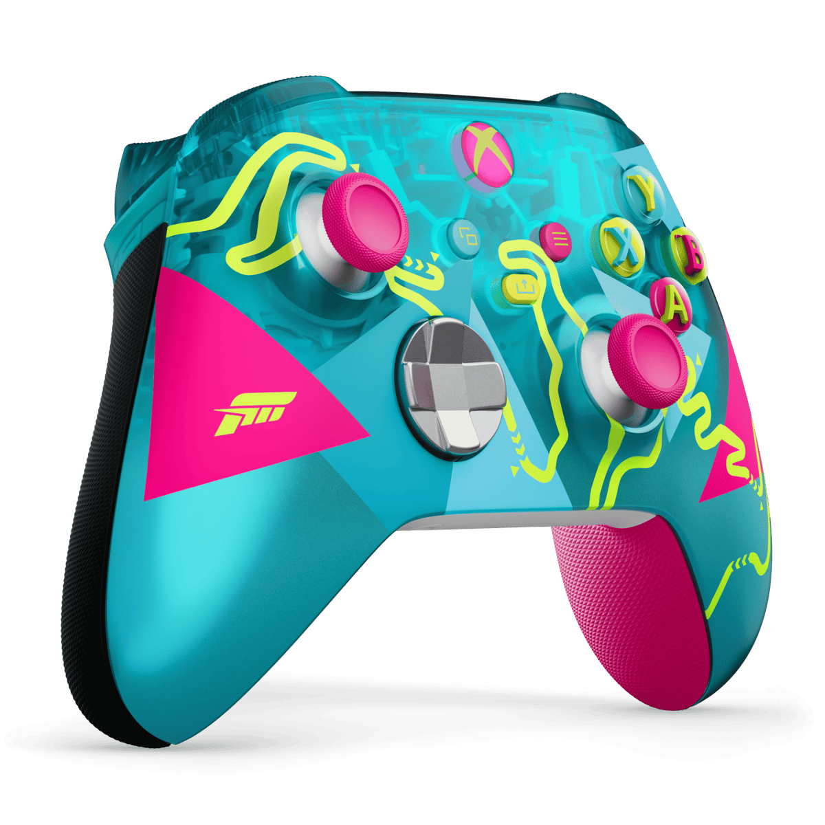 Un controlador Xbox turquesa transparente con detalles rosas y amarillos y patrones geométricos.