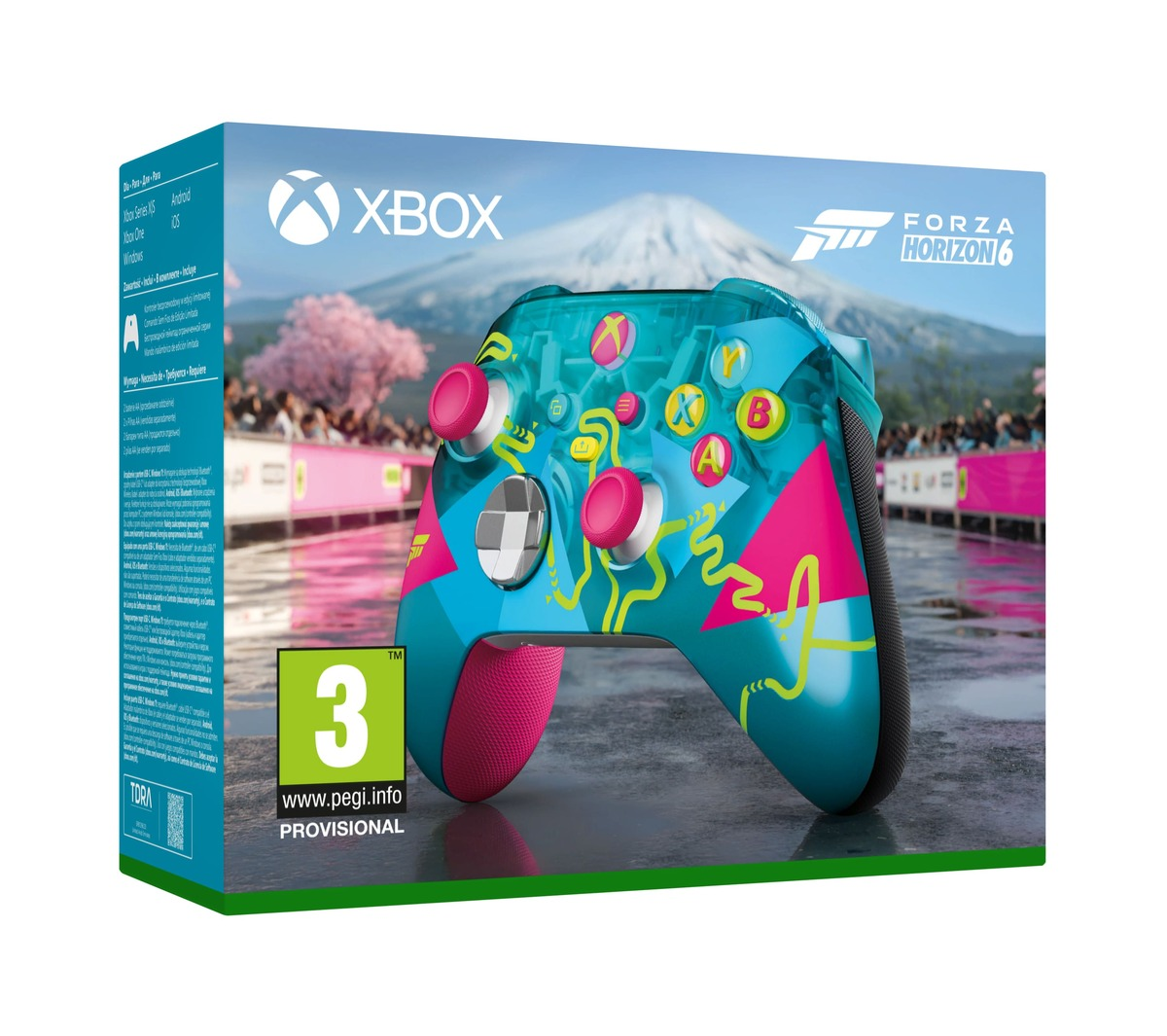 Un mando de Xbox turquesa y rosa con diseño Forza Horizon 5, montaña y cerezos al fondo.