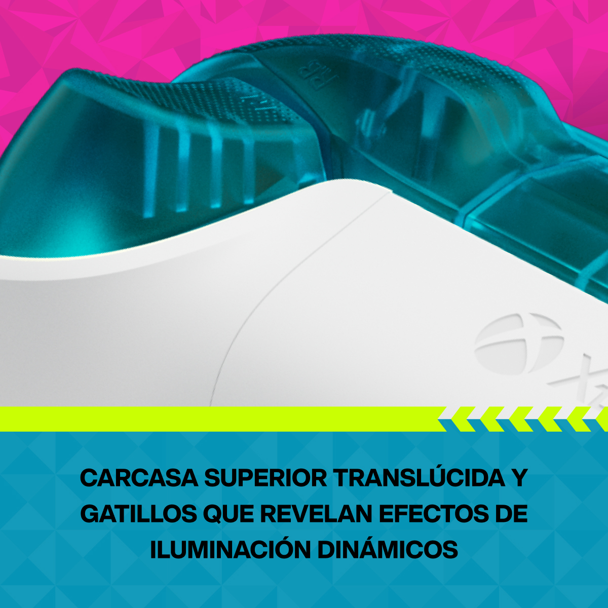 Una consola blanca con carcasa superior azul translúcida y luces.