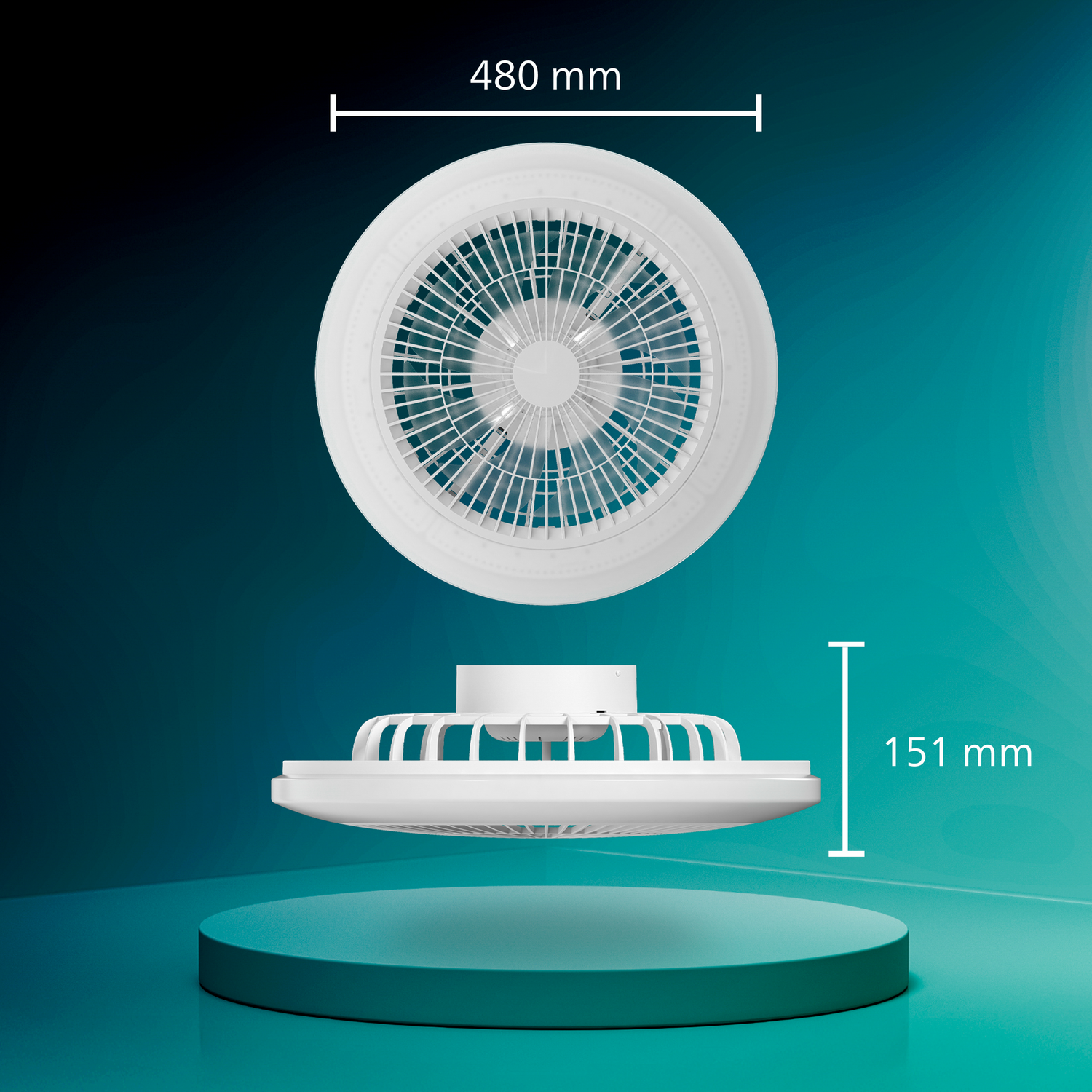 Luz de techo blanca con ventilador, 480 mm diámetro, 151 mm altura.