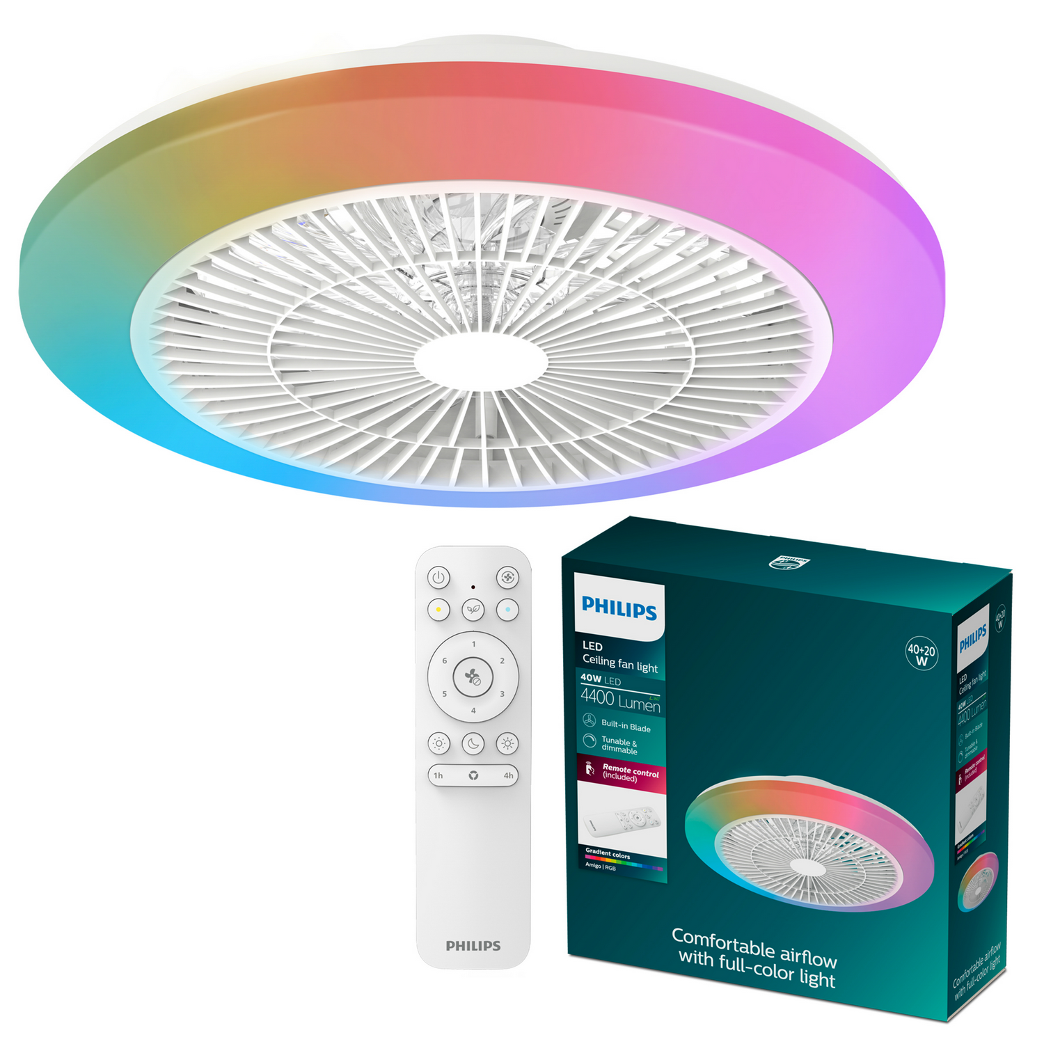 Una luz de ventilador de techo blanca con luz colorida, control remoto y caja.