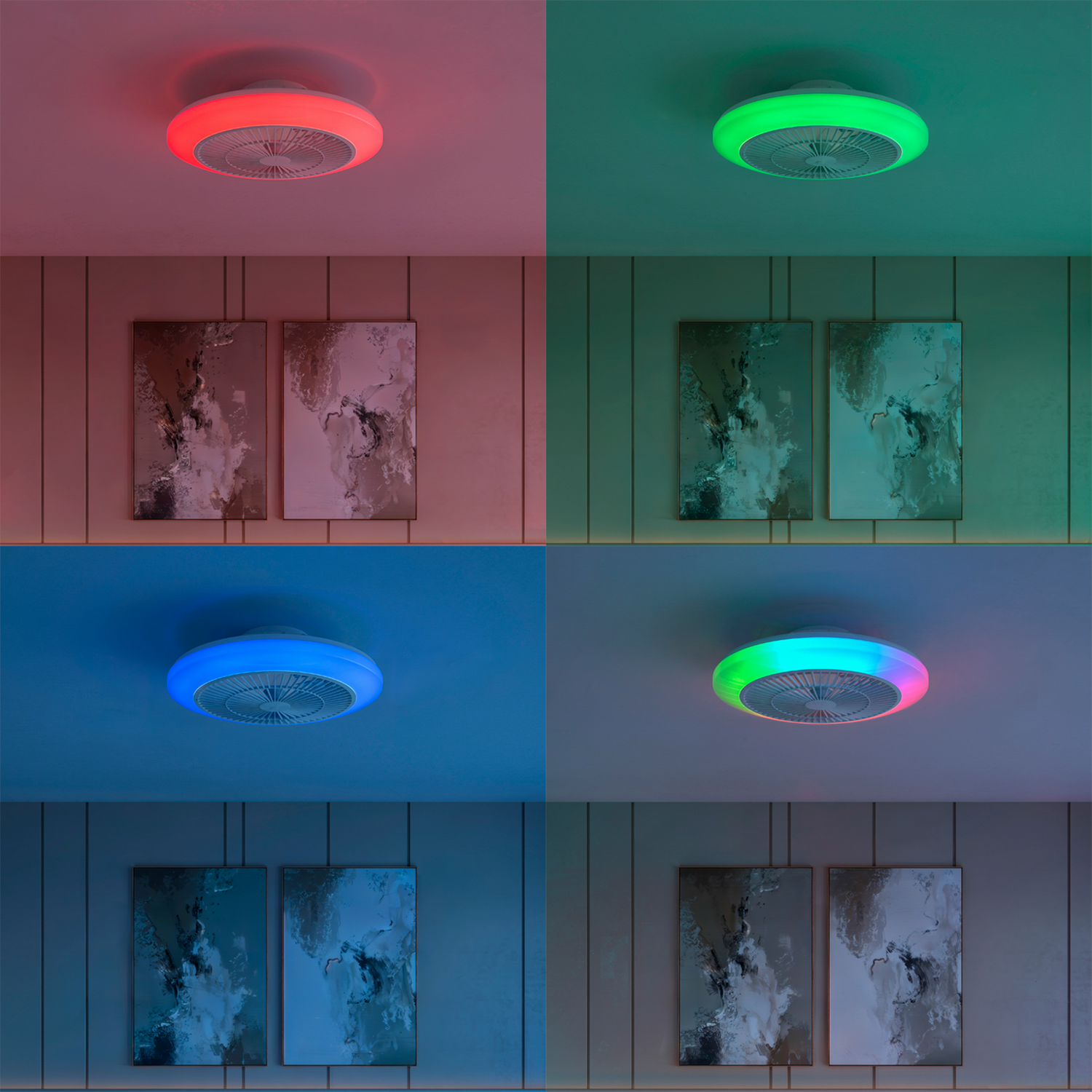 Ventilador de techo con iluminación RGB en rojo, verde, azul y multicolor.