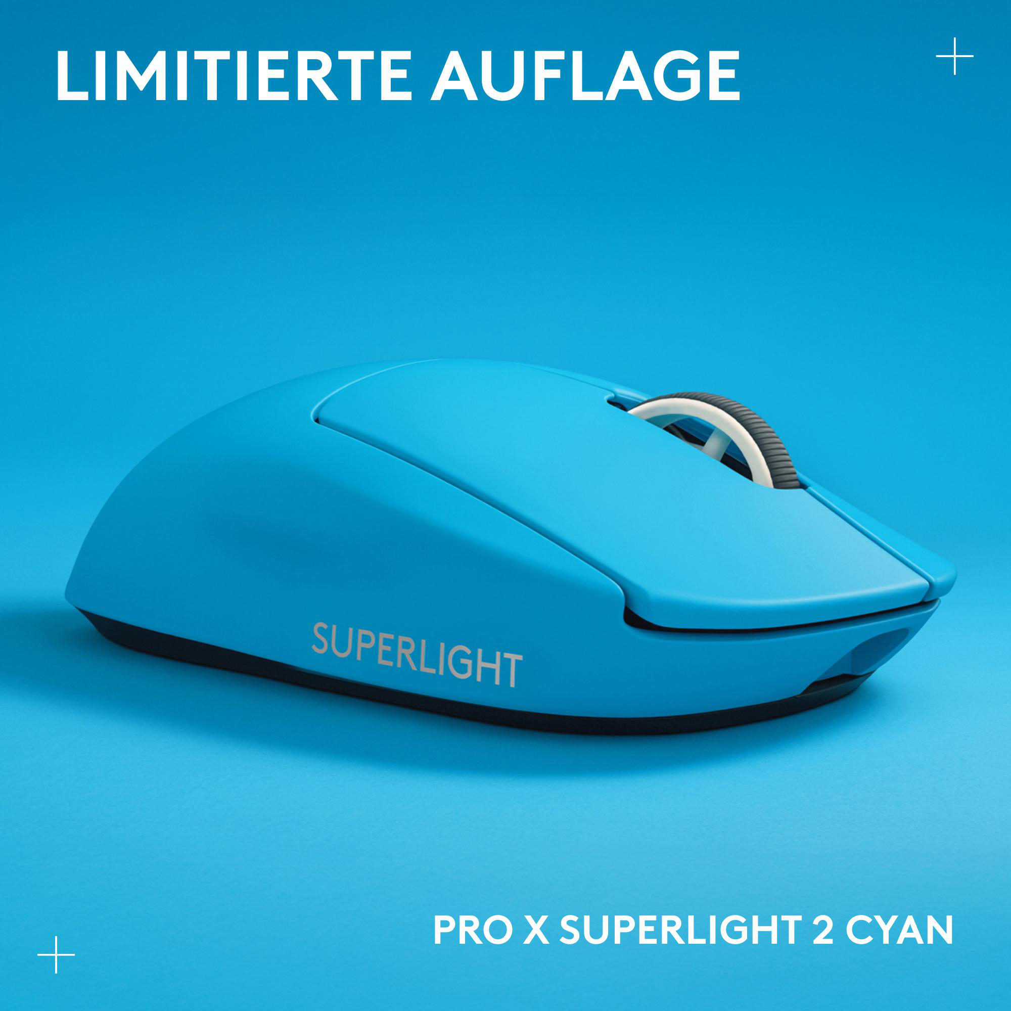 Ein blauer Gaming-Maus-Prototyp mit "SUPERLIGHT"-Logo auf blauem Hintergrund.