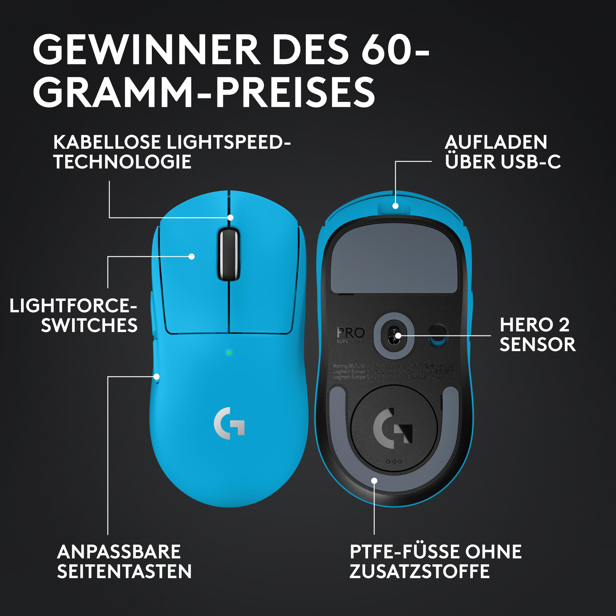 Blauer Logitech Gaming-Maus, Vorder- und Rückansicht, mit deutschen Textbeschriftungen.