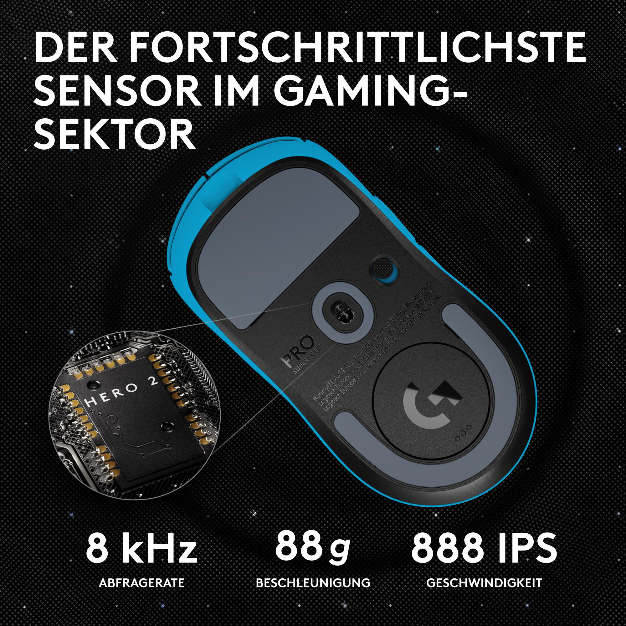 Ein blauer und grauer Gaming-Maus-Sensor mit "HERO 2" und "8 kHz" Spezifikationen.