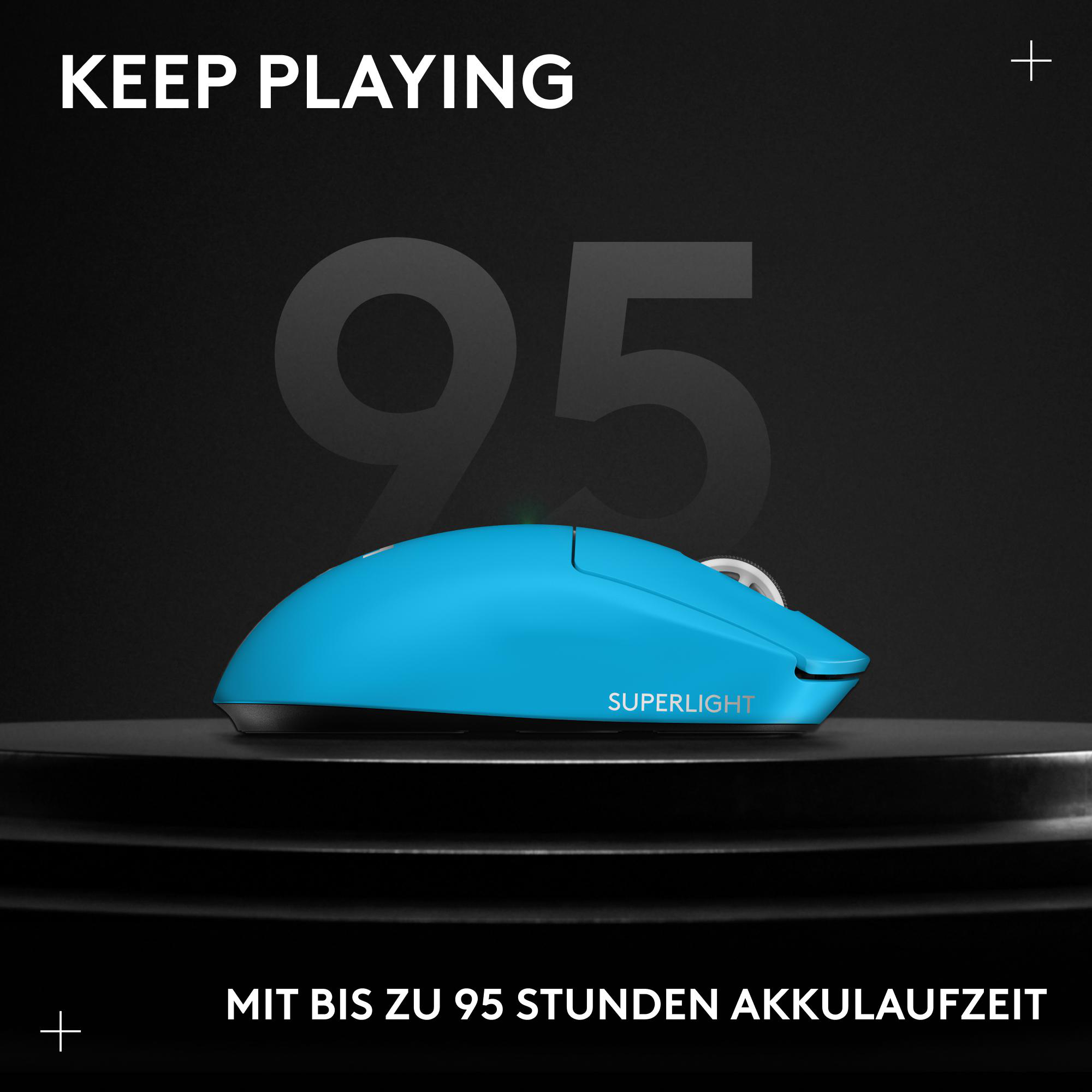 Blaue 'Superlight'-Maus mit '95' und 'Keep Playing'-Text auf schwarzem Grund.