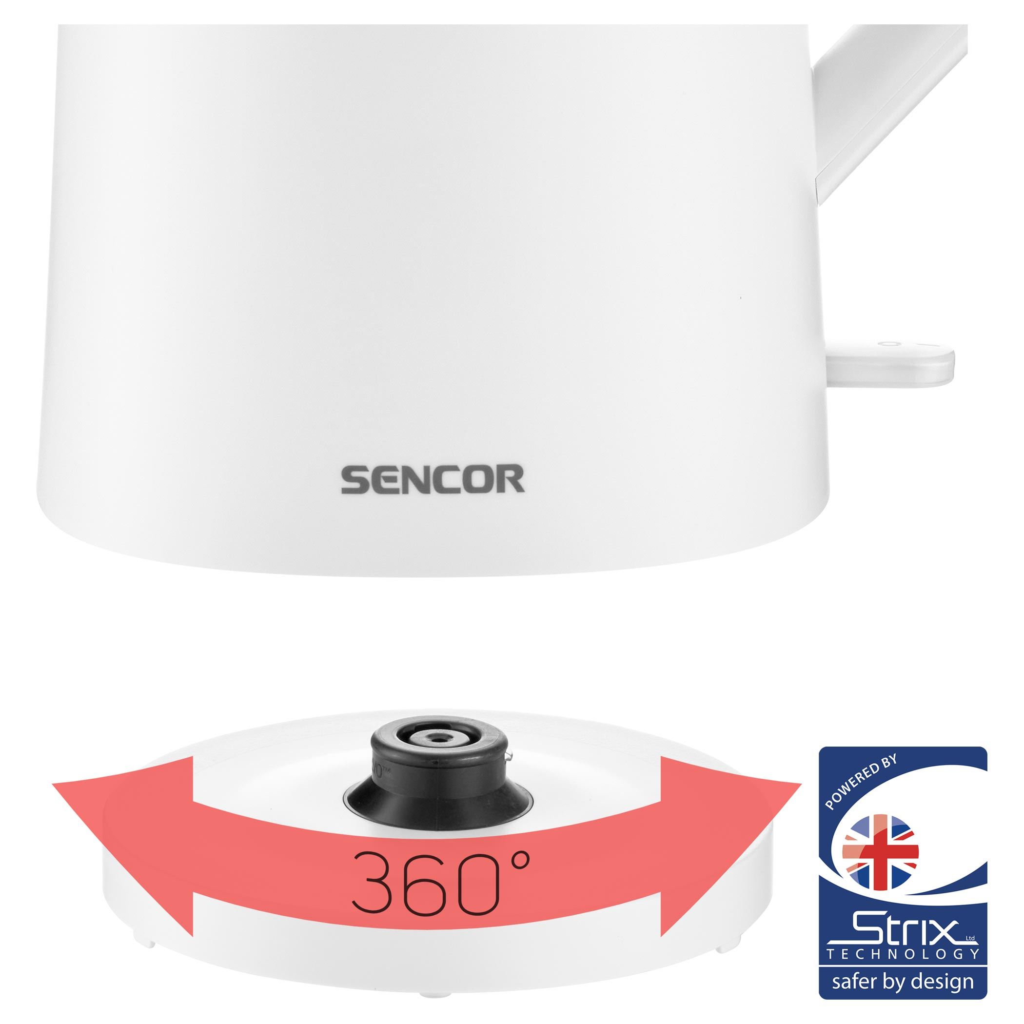 Egy fehér vízforraló SENCOR logóval és 360°-os forgó nyíllal.