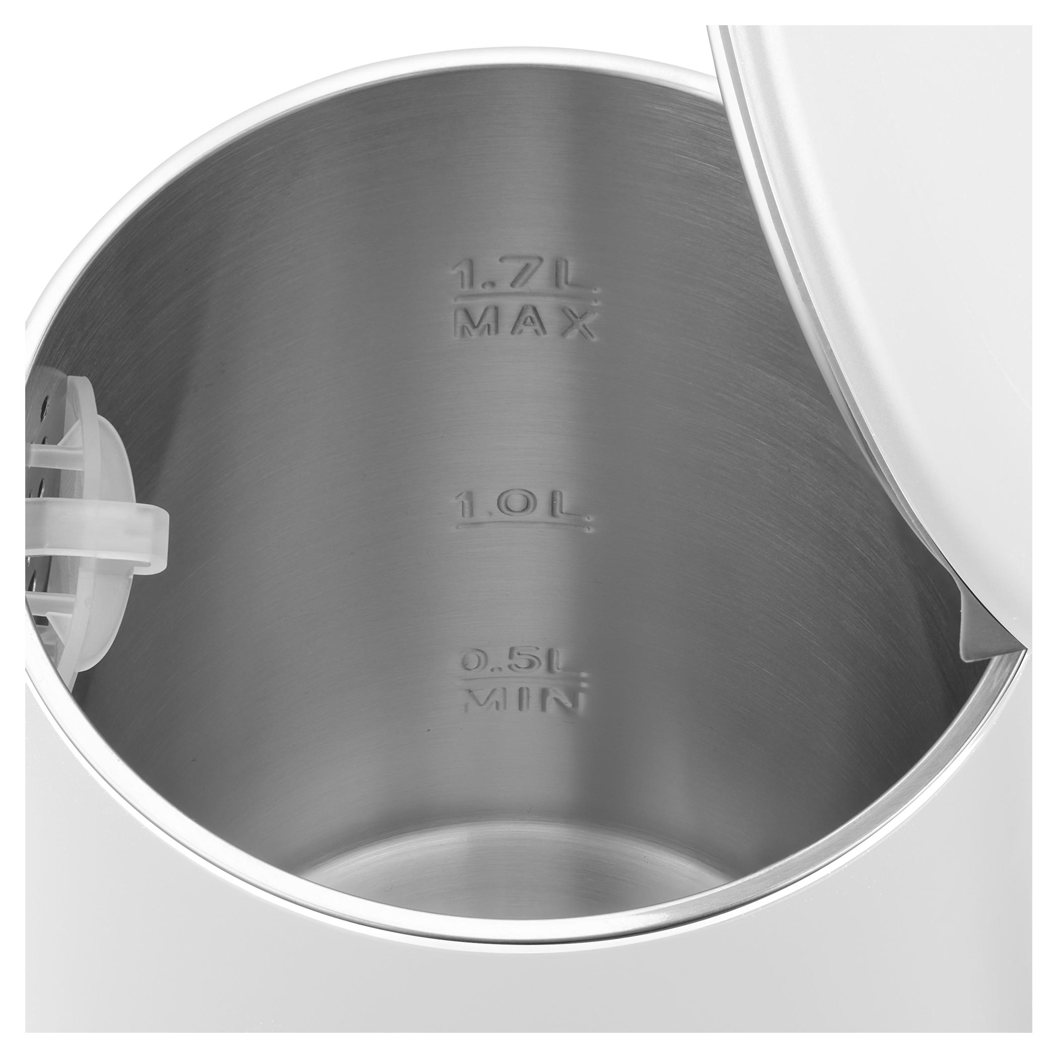 Fehér vízforraló belső nézete töltési szintjelzőkkel: 1,7L MAX, 1,0L, 0,5L MIN.