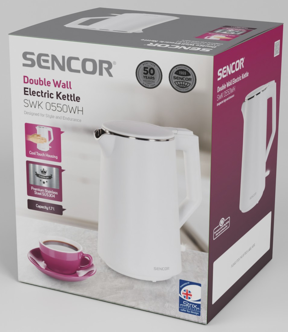 Fehér SENCOR elektromos vízforraló csomagolása kávéscsészével.