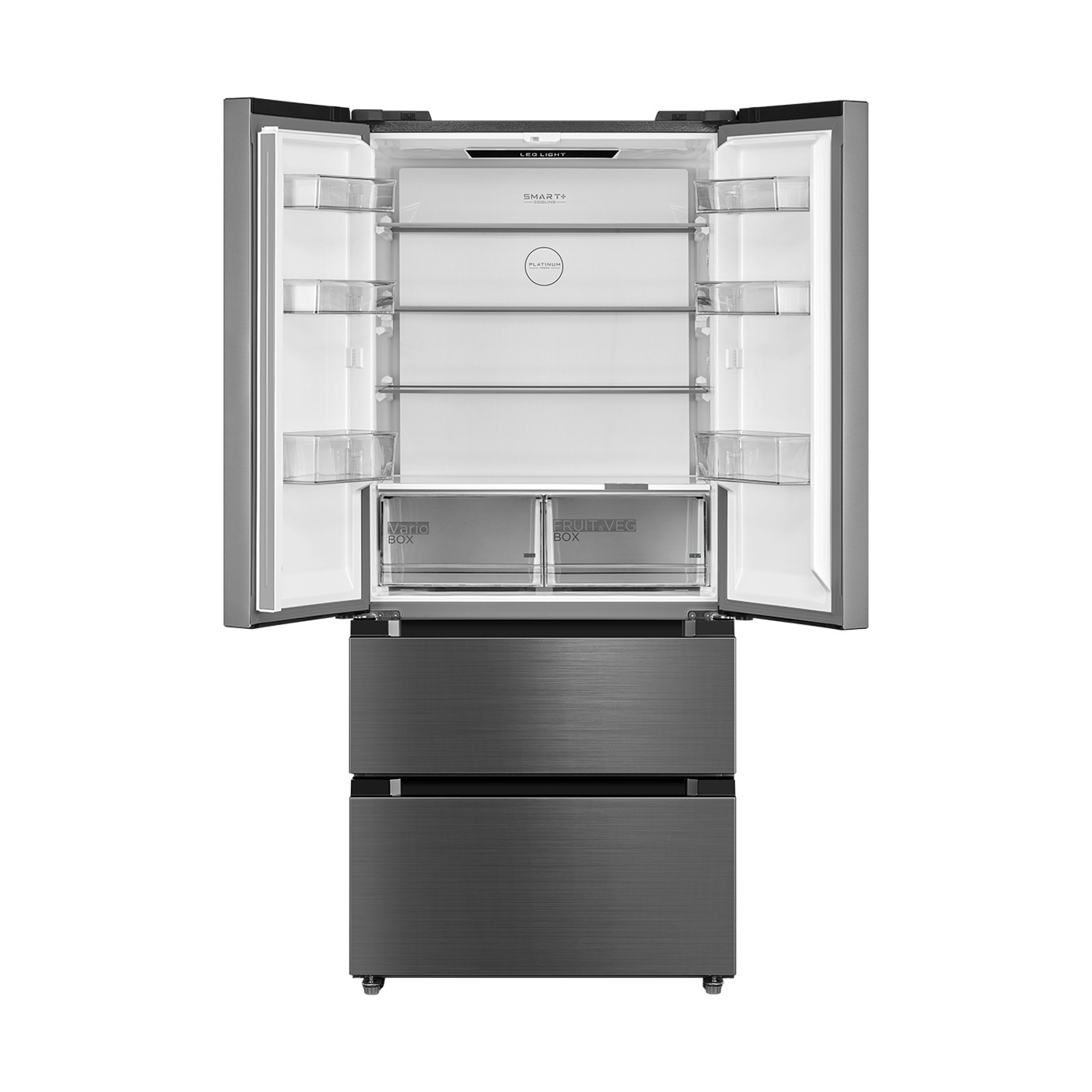 Un frigorifero aperto e moderno in acciaio inossidabile con illuminazione a LED.