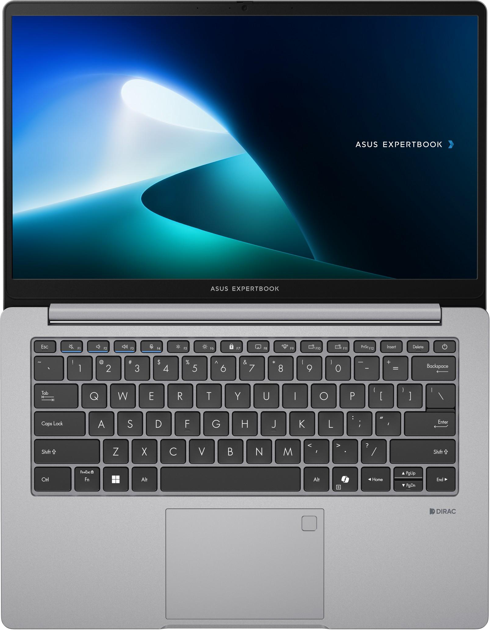 Egy ezüst ASUS Expertbook laptop nyitva, billentyűzetet és kék absztrakt mintás képernyőt mutat.