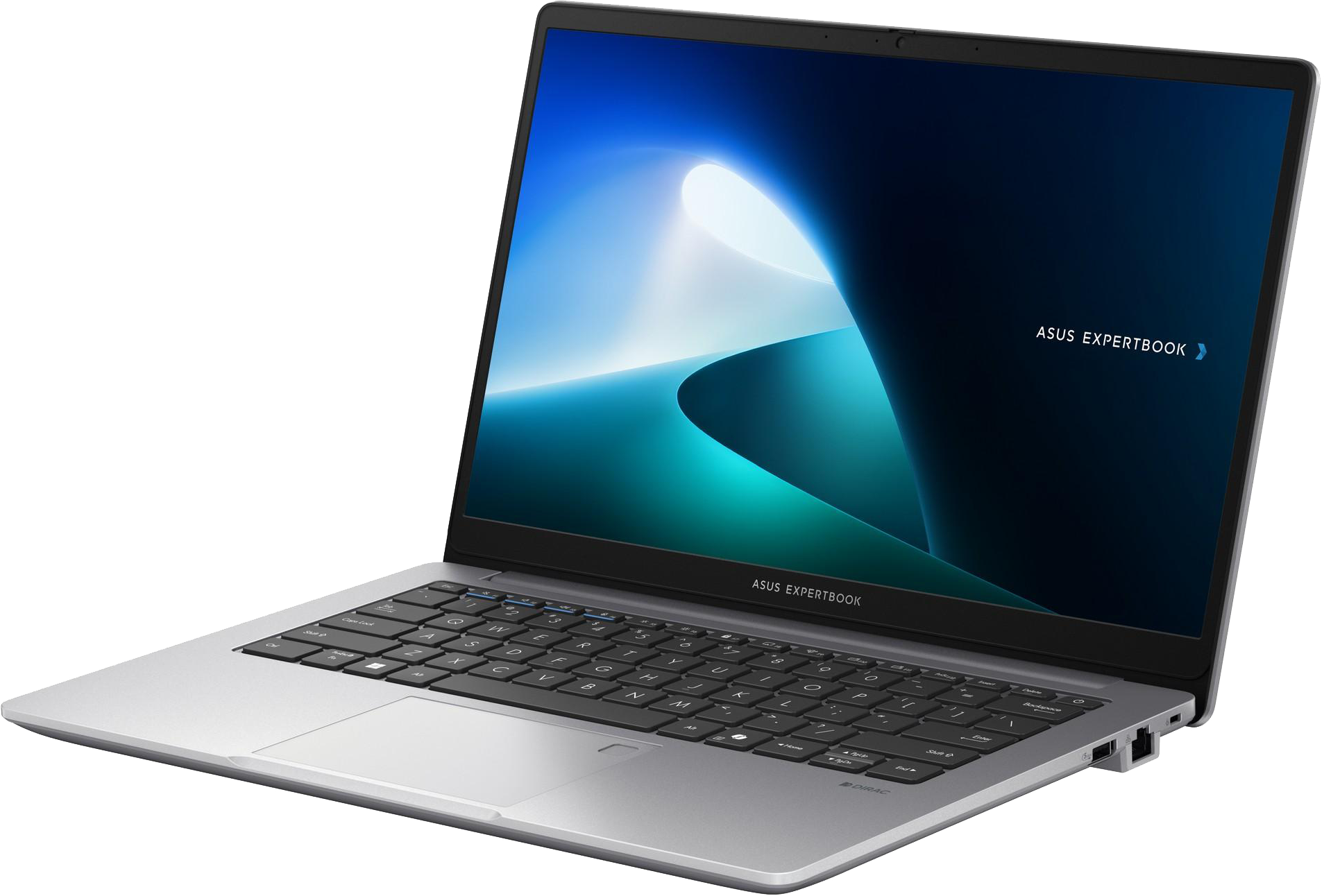 Ezüst ASUS laptop modern absztrakt háttérképpel a képernyőn.