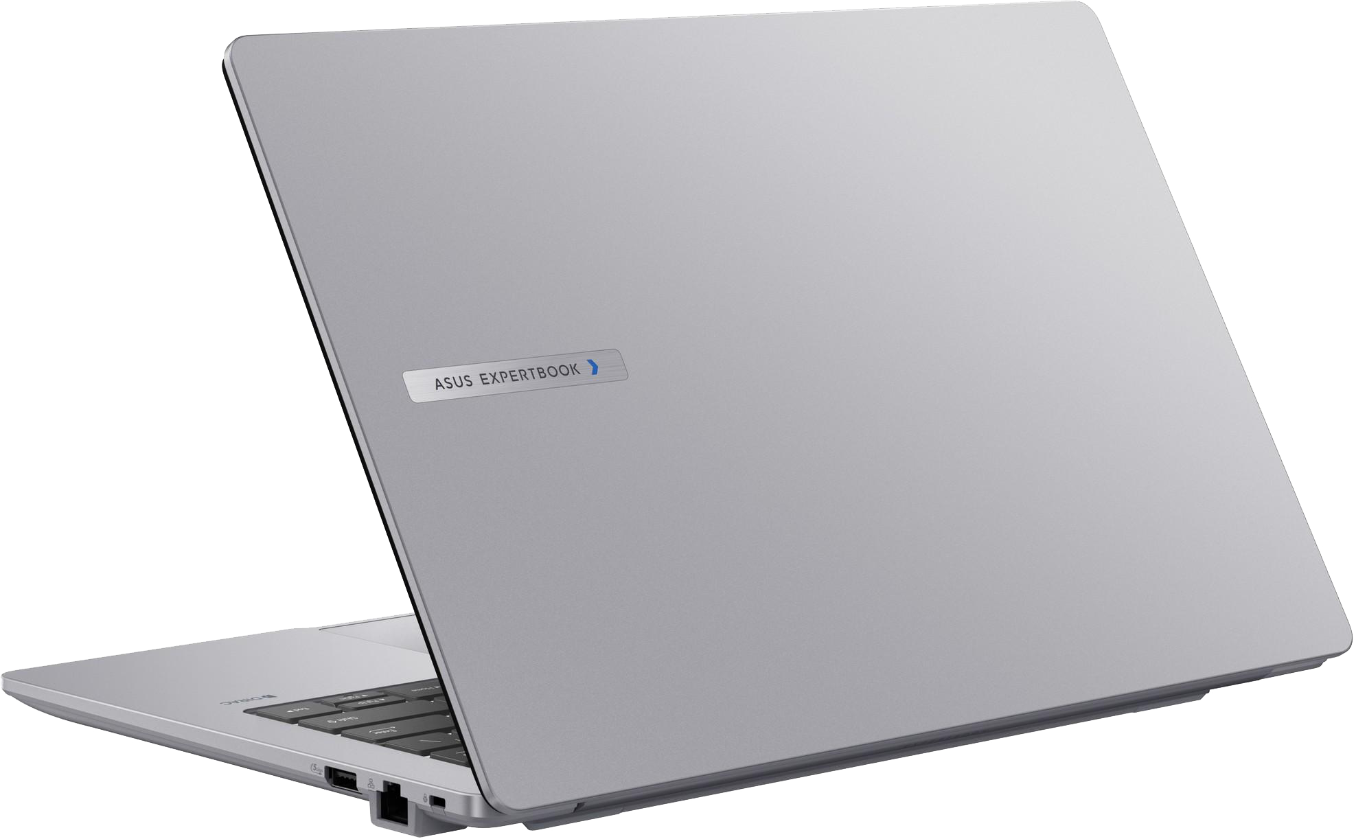 Egy zárt, ezüst Asus Expertbook laptop, felülnézetből.