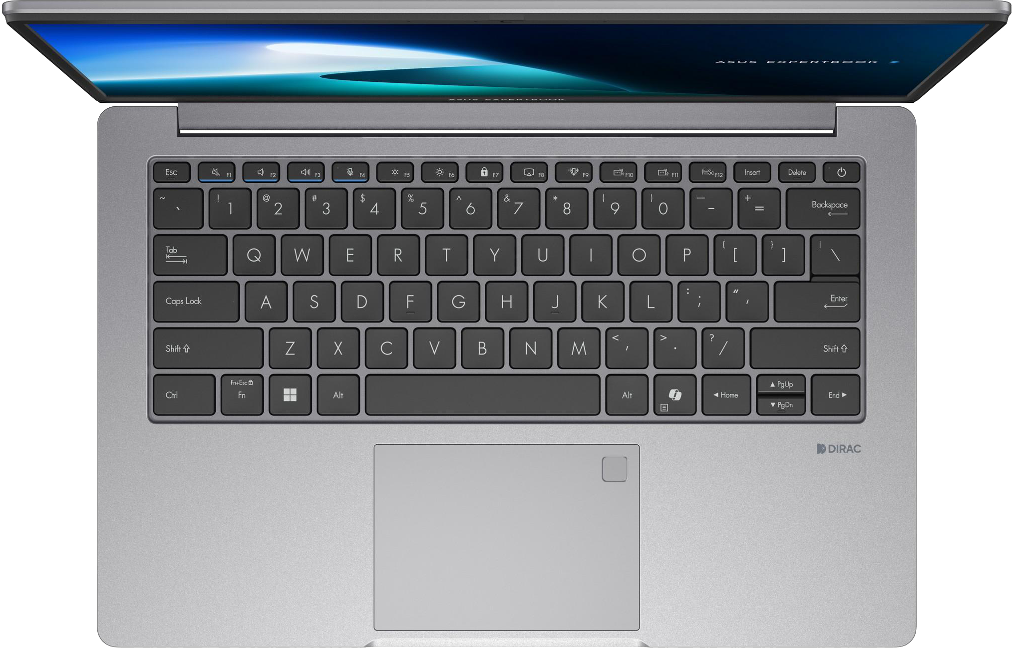 Szürke laptop nyitott képernyővel, billentyűzettel és érintőpaddal.