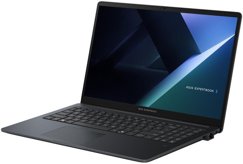 Sötétszürke ASUS Expertbook laptop modern absztrakt háttérképpel.