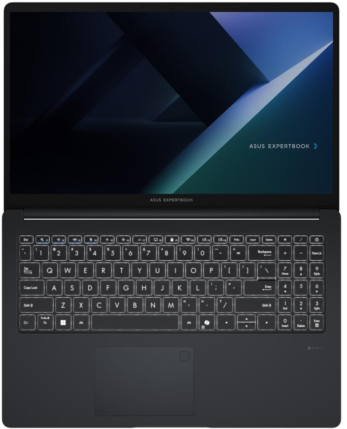Egy nyitott fekete Asus Expertbook laptop háttérvilágítású billentyűzettel.