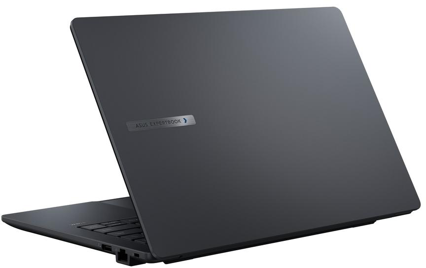Zárt, sötét laptop Asus Expertbook logóval a fedélen.