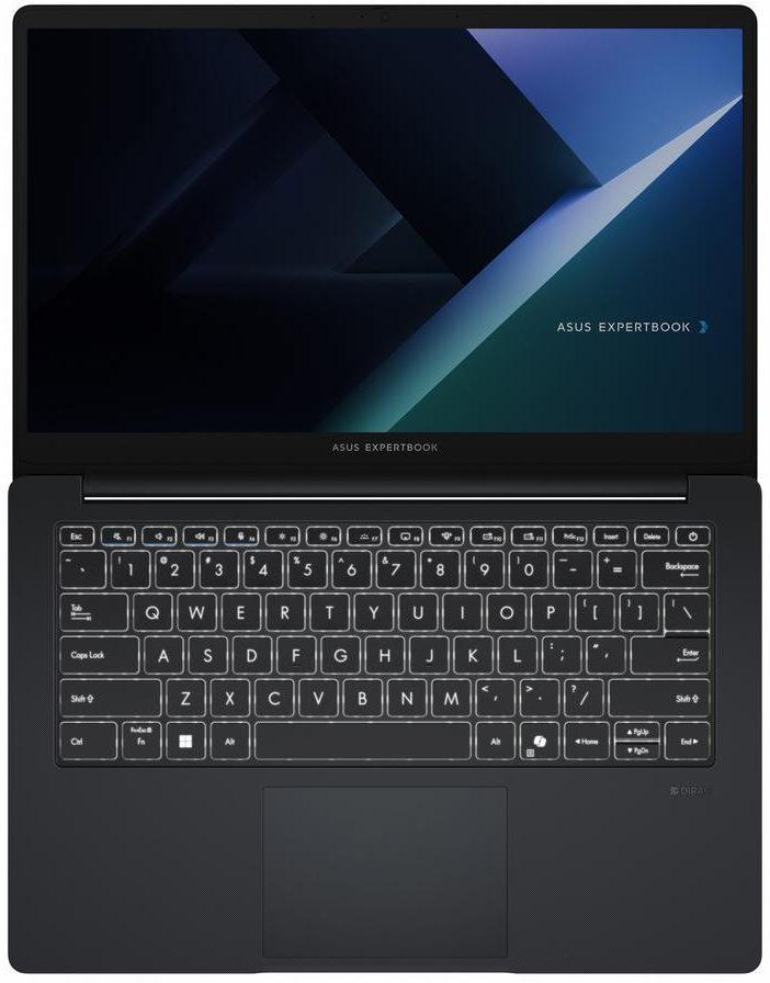 Nyitott fekete laptop háttérvilágítású billentyűzettel és absztrakt háttérképpel.