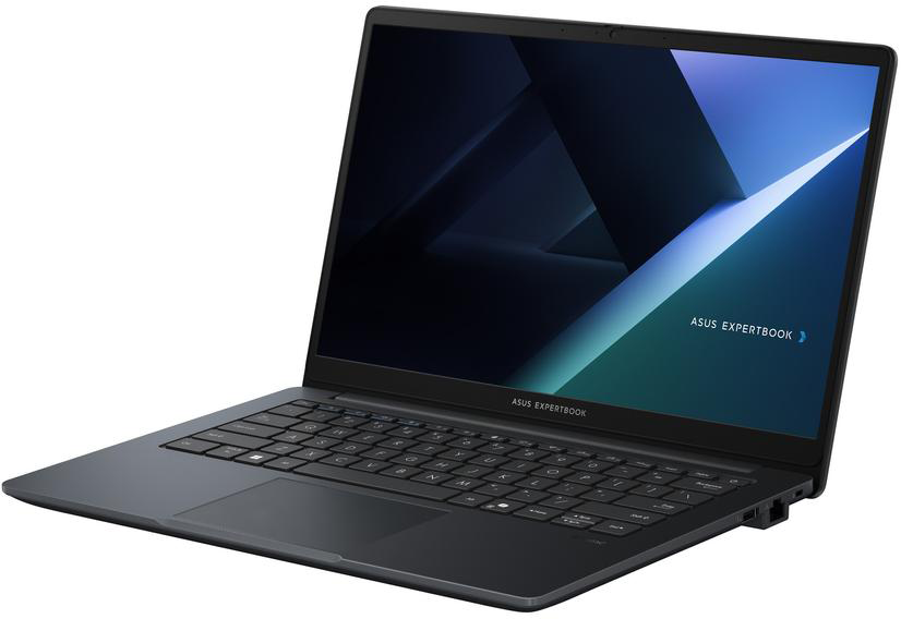 Sötét Asus Expertbook laptop háttérvilágítású billentyűzettel és kék-zöld háttérképpel.