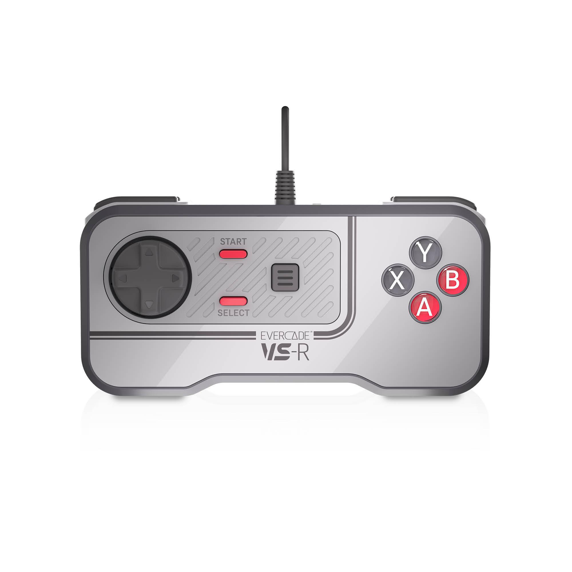 Ein silberner Controller mit grauem Steuerkreuz und roten Tasten.