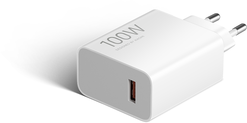 Egy fehér, 100W-os Xiaomi tápegység USB-A porttal és két töréssel.