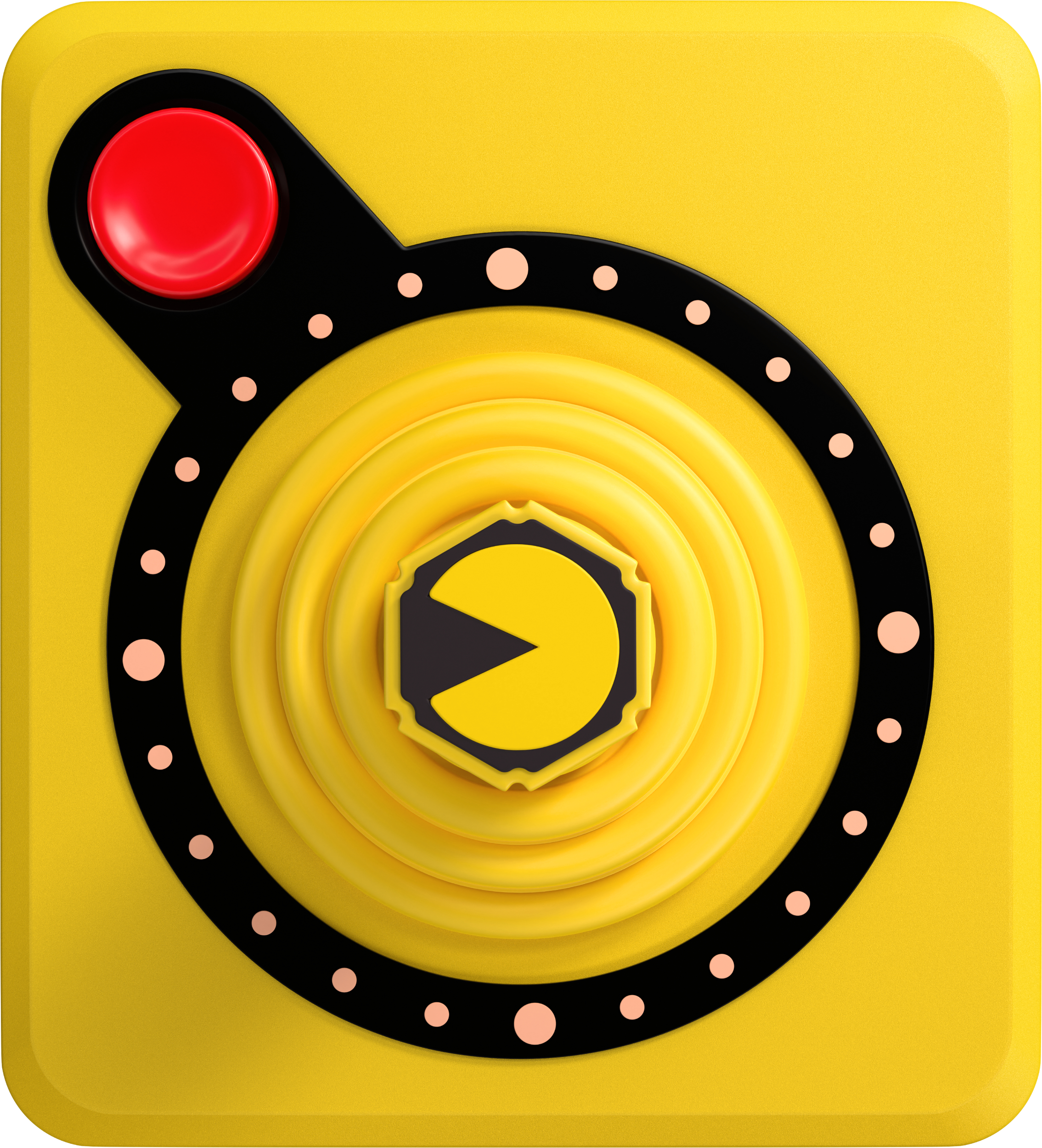 Gelber Joystick mit rotem Knopf und Pac-Man-Symbol.