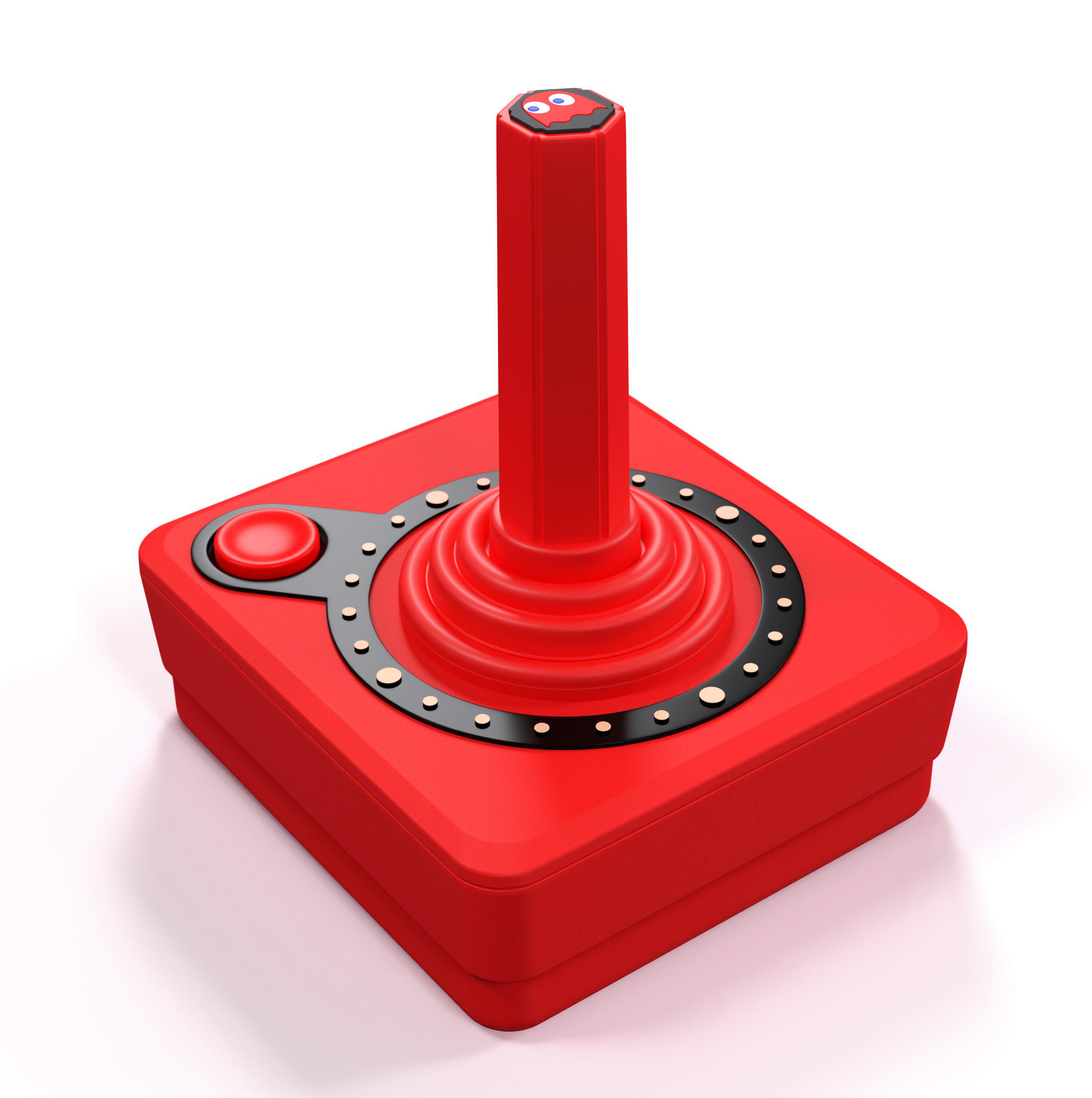 Ein roter Joystick mit einem "Pac-Man"-Geist oben.