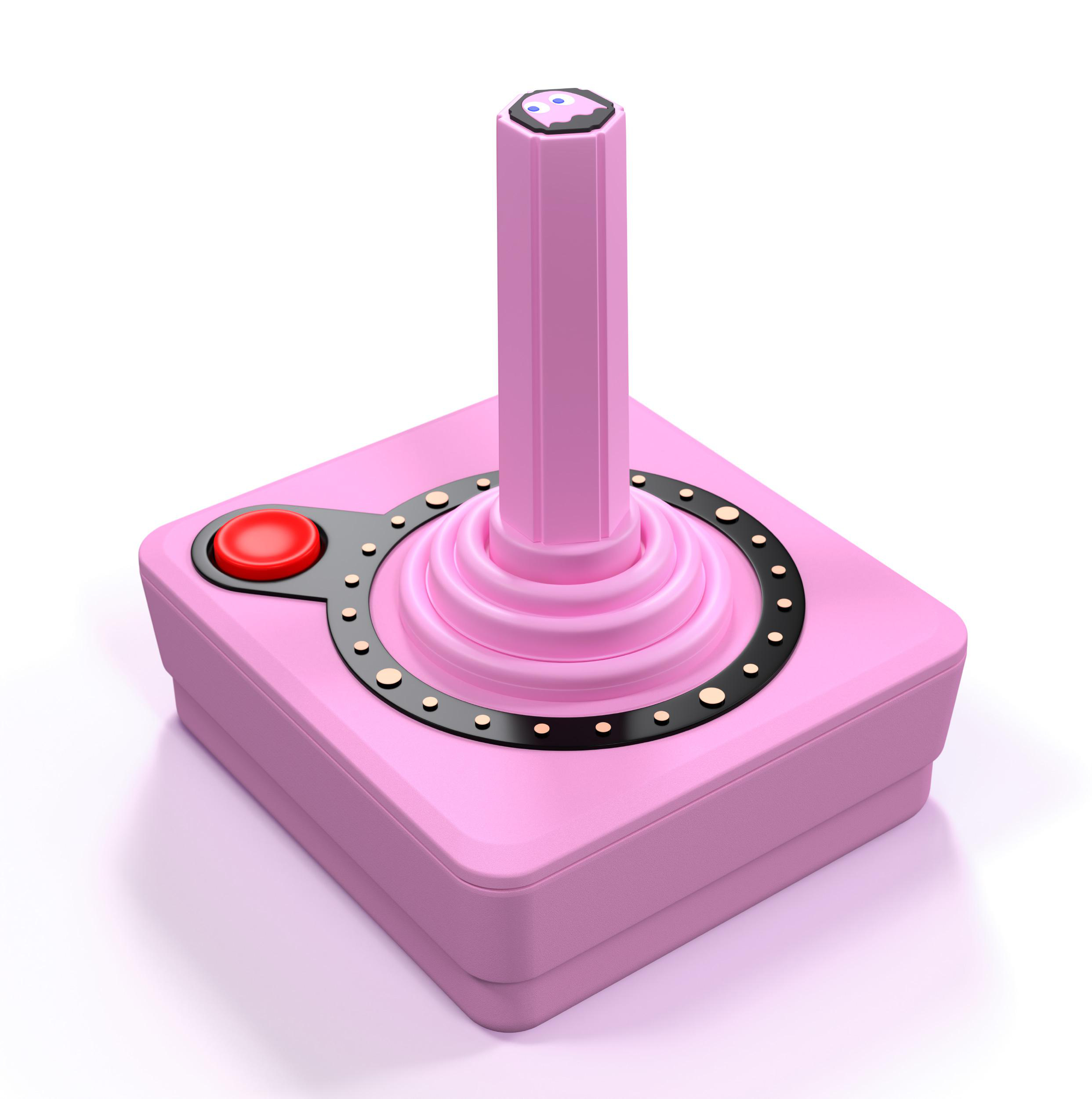 Ein pinker Joystick mit rotem Knopf und Geister-Aufdruck auf dem Knüppel.