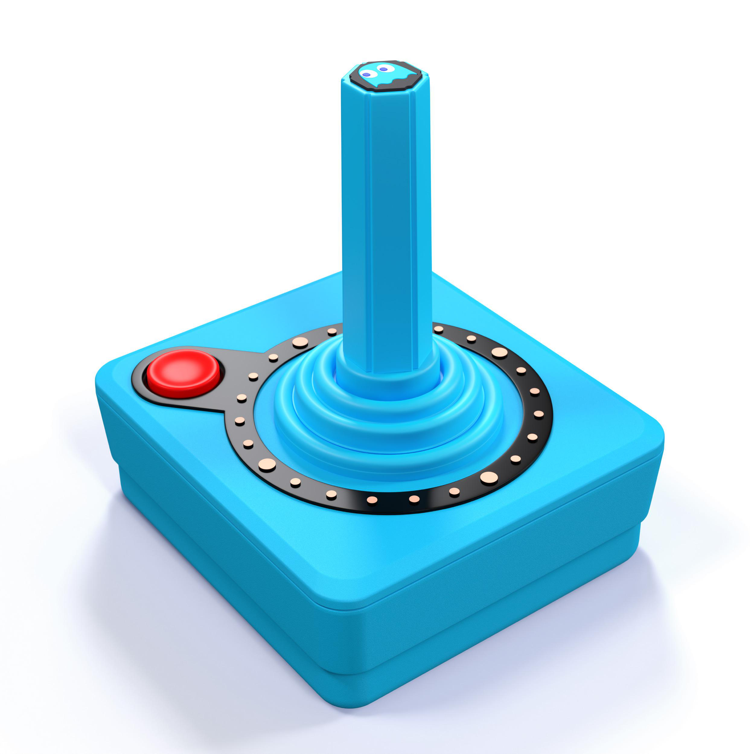 Ein blauer Joystick mit rotem Knopf und einem Geister-Icon auf dem Steuerknüppel.