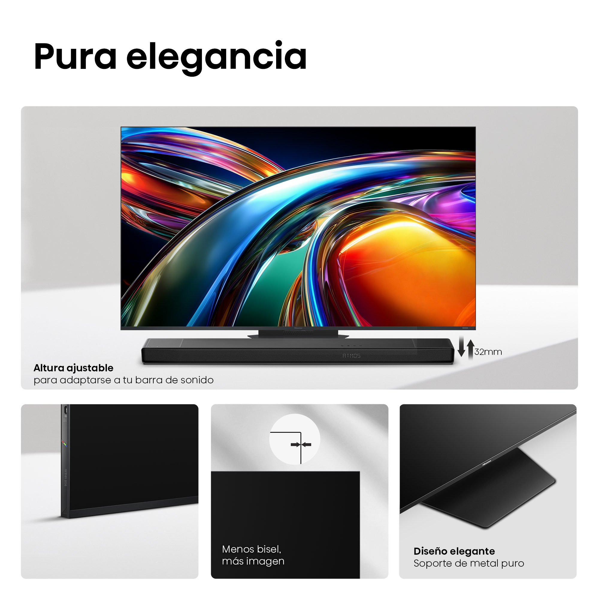 Un televisor elegante con barra de sonido y tres detalles. Fondo: colores abstractos.