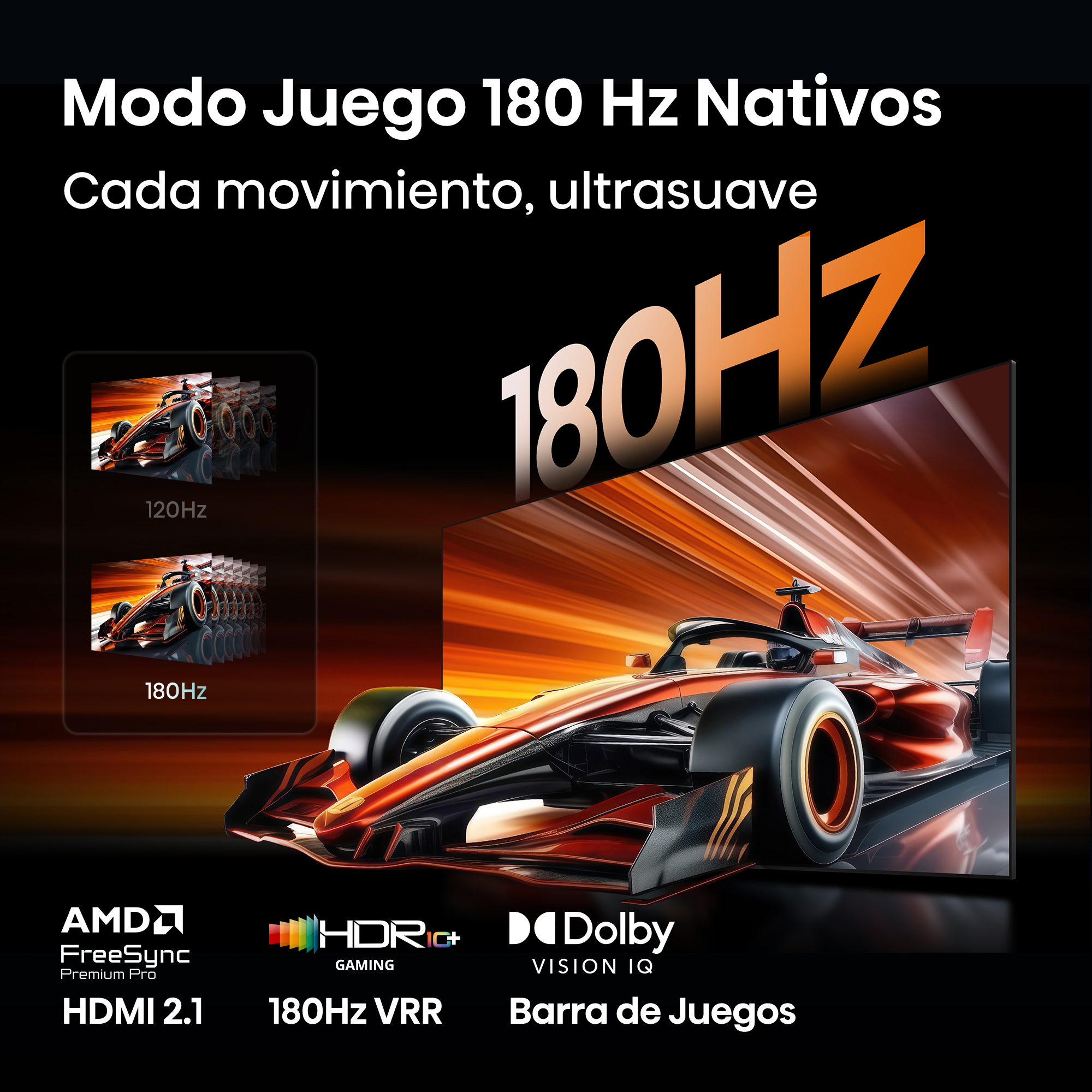 Un coche de carreras sobre fondo naranja con texto '180Hz'.
