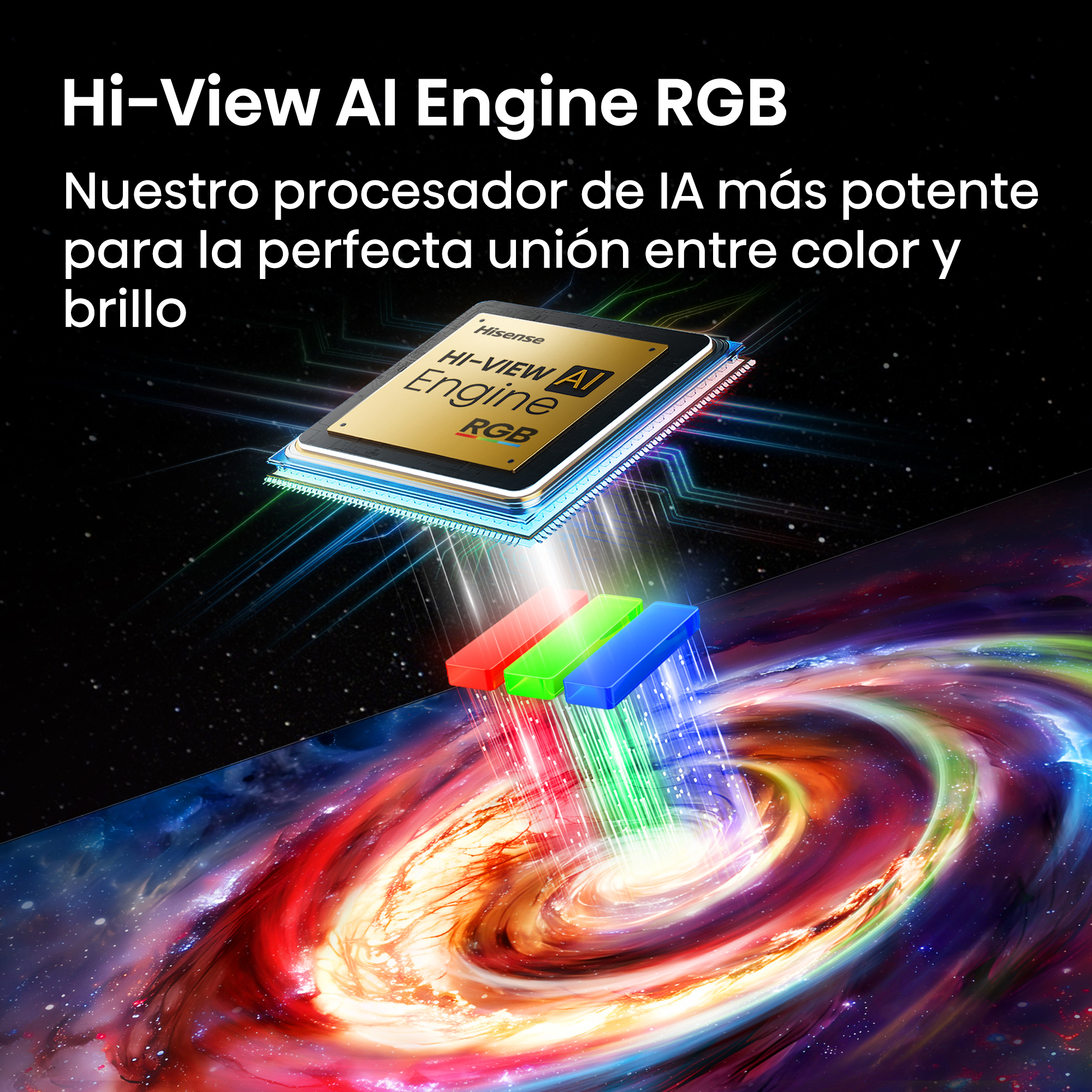Un chip Hi-View AI Engine RGB con rayos de luz roja, verde y azul sobre una galaxia.