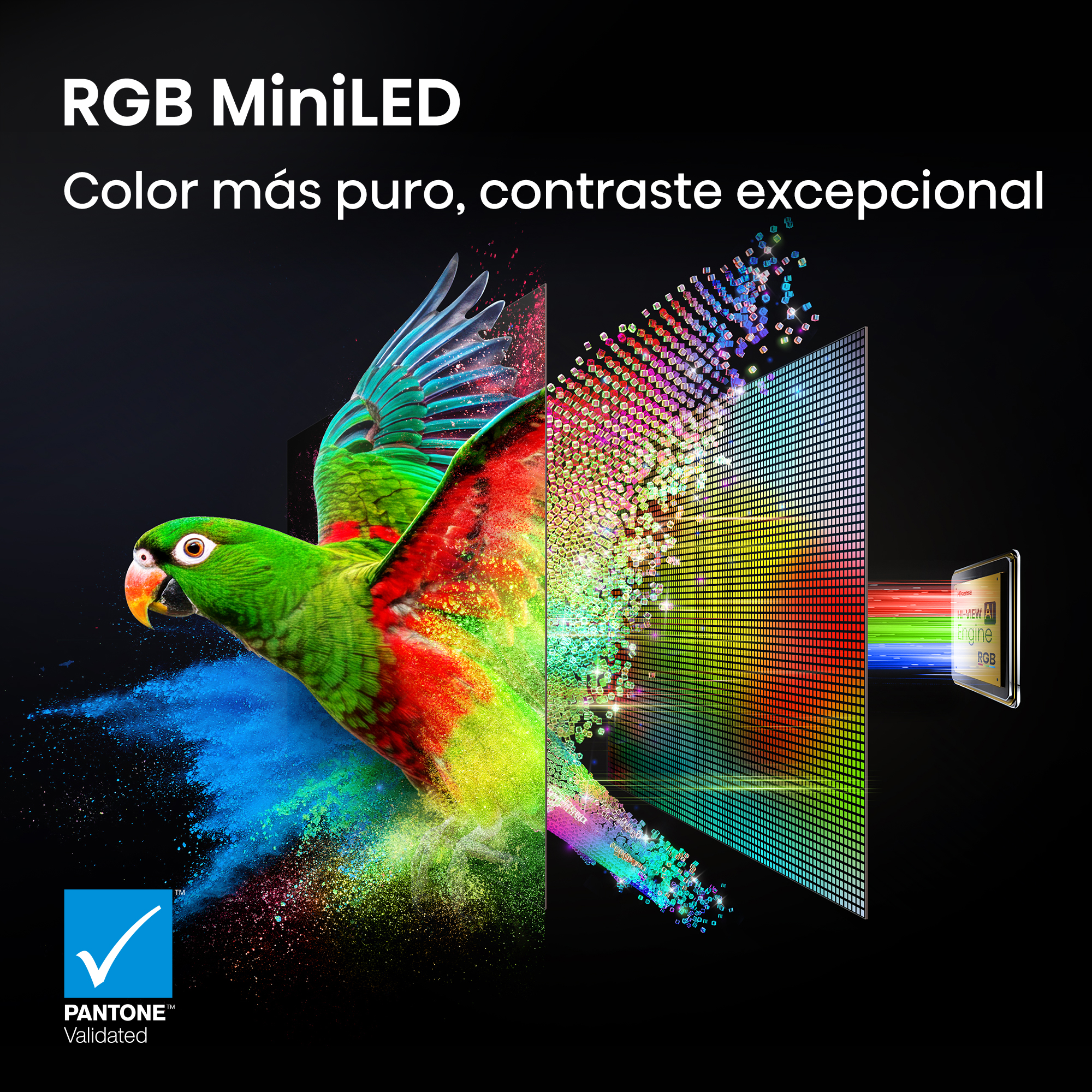 Un loro verde vuela frente a una pantalla RGB MiniLED con partículas de color.