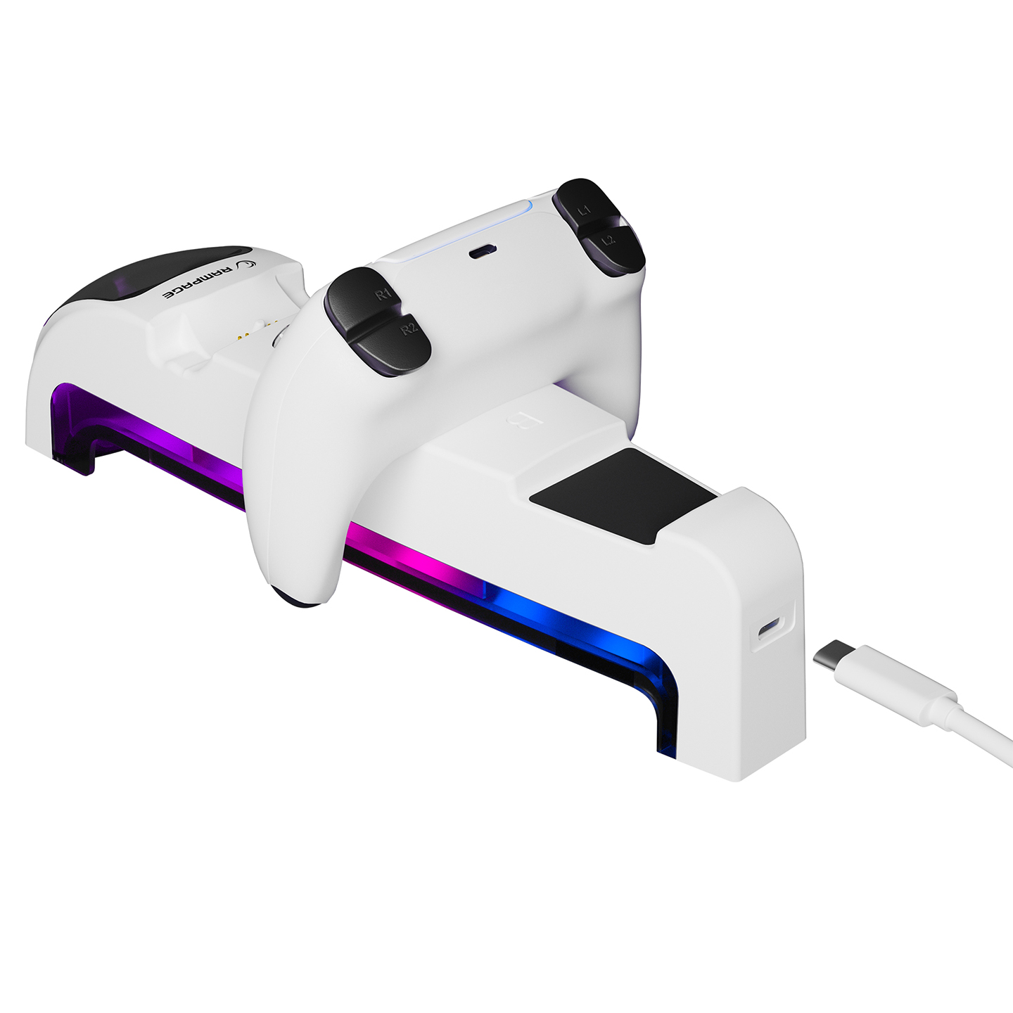 RGB aydınlatmalı ve USB-C kablolu beyaz oyun kumandası şarj istasyonu.