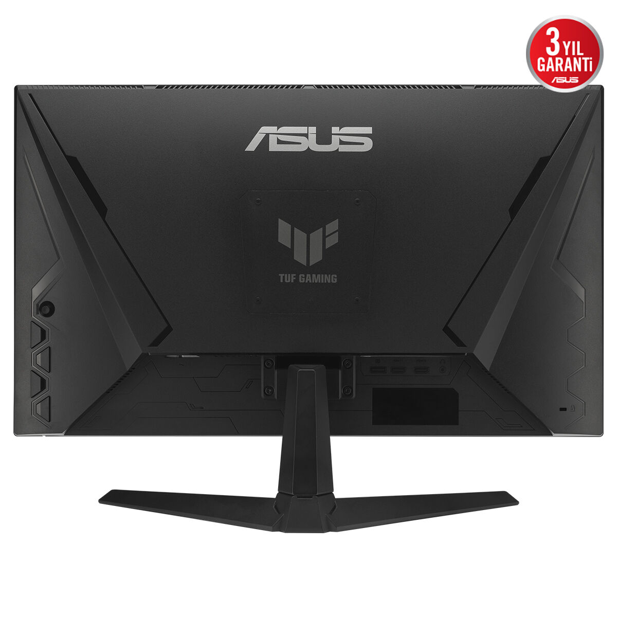 Siyah ASUS TUF Gaming monitörün arkası, üstte gümüş ASUS logosu.