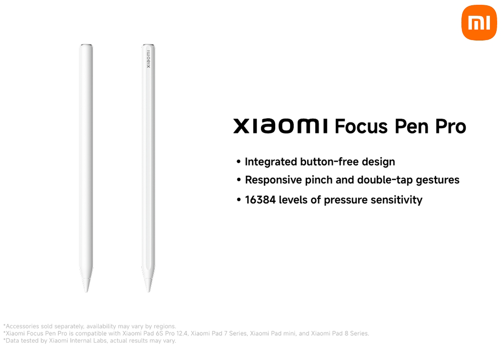 Két fehér Xiaomi Focus Pen Pro fehér háttéren. Termékjellemzők felsorolva.