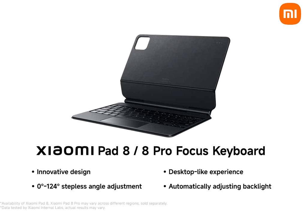 Fekete Xiaomi Pad 8/8 Pro Focus billentyűzet állvánnyal és Xiaomi logóval.